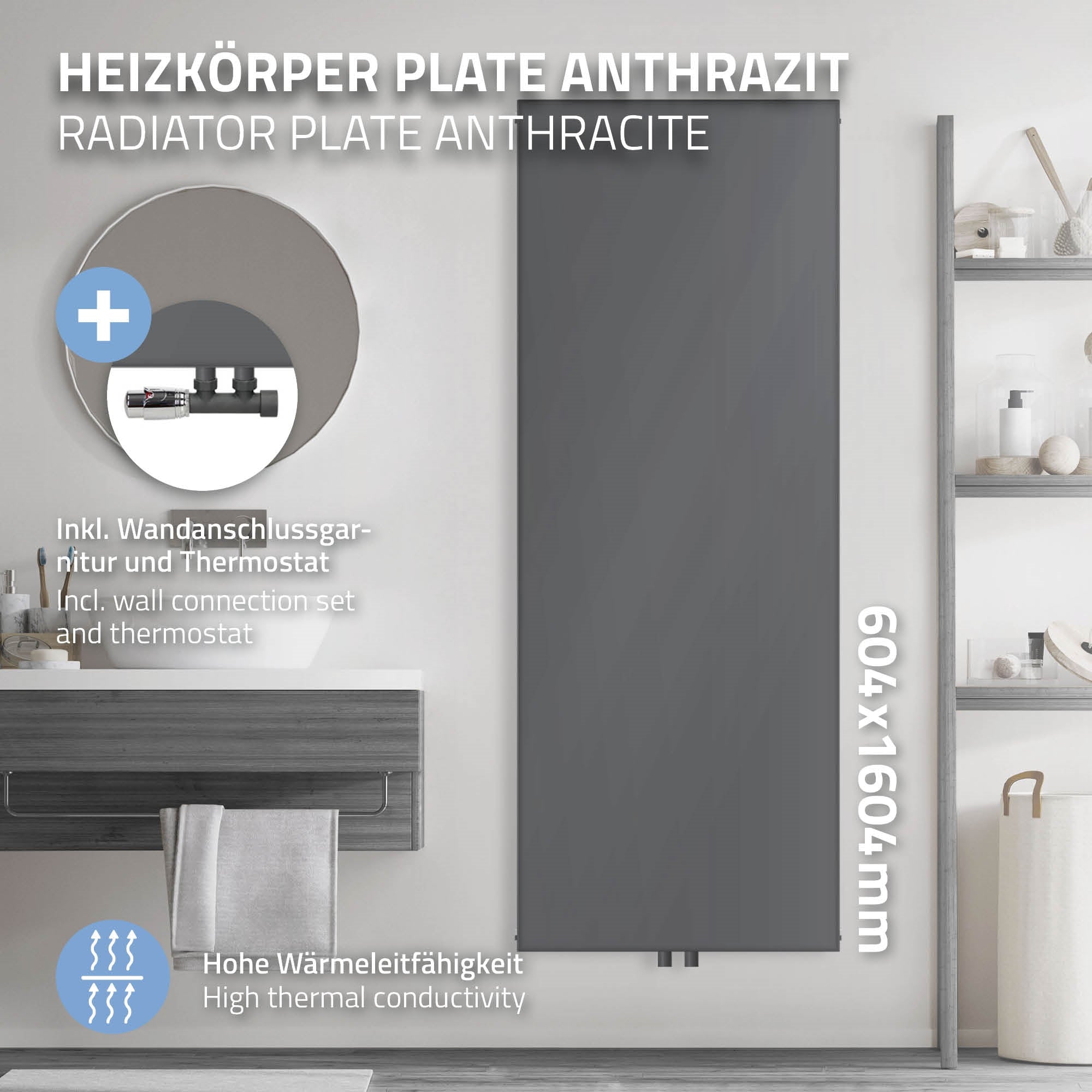 Egy antracit színű radiátor törölközőtartókkal és műszaki részletekkel.