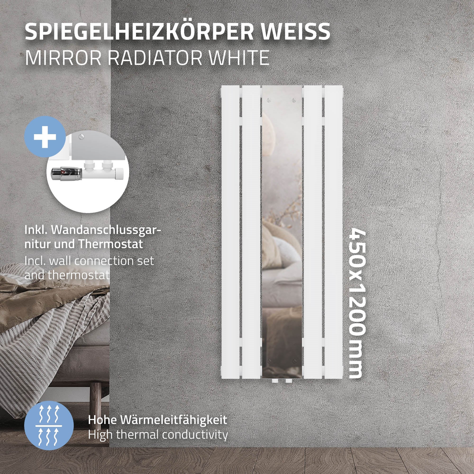 Weißer Spiegelheizkörper mit Wandhalterung und Thermostat.