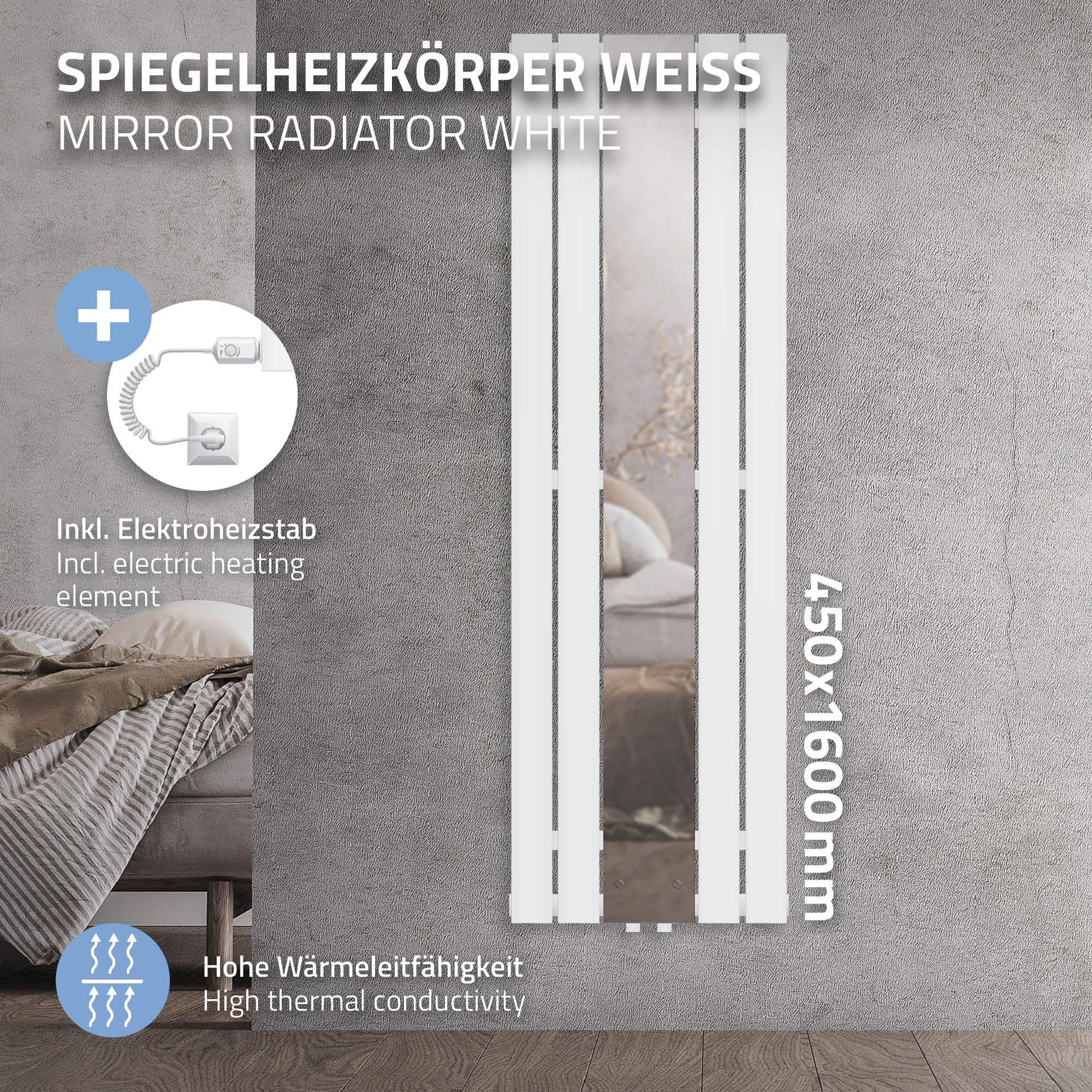 Weißer Heizkörper mit Spiegel, an einer Wand montiert.
