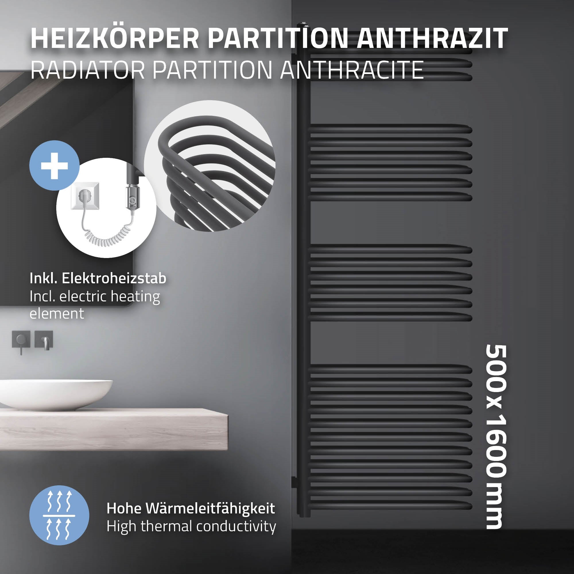 Heizkörperpartition in Anthrazit mit elektrischen Heizstab, 500x1600 mm.