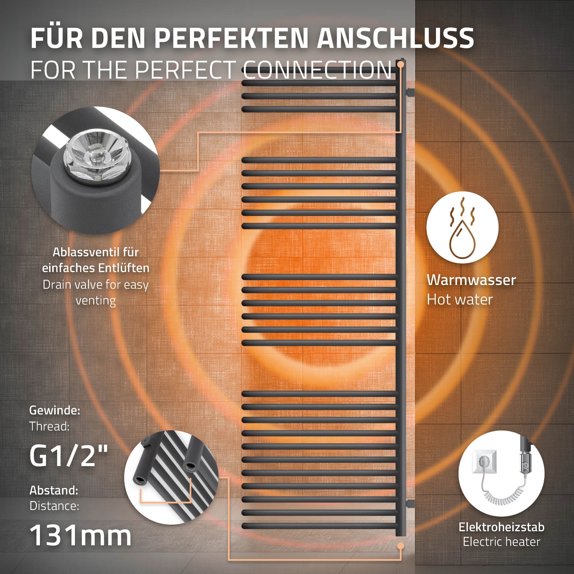 Heizkörper mit schwarzem Design und technischen Details.