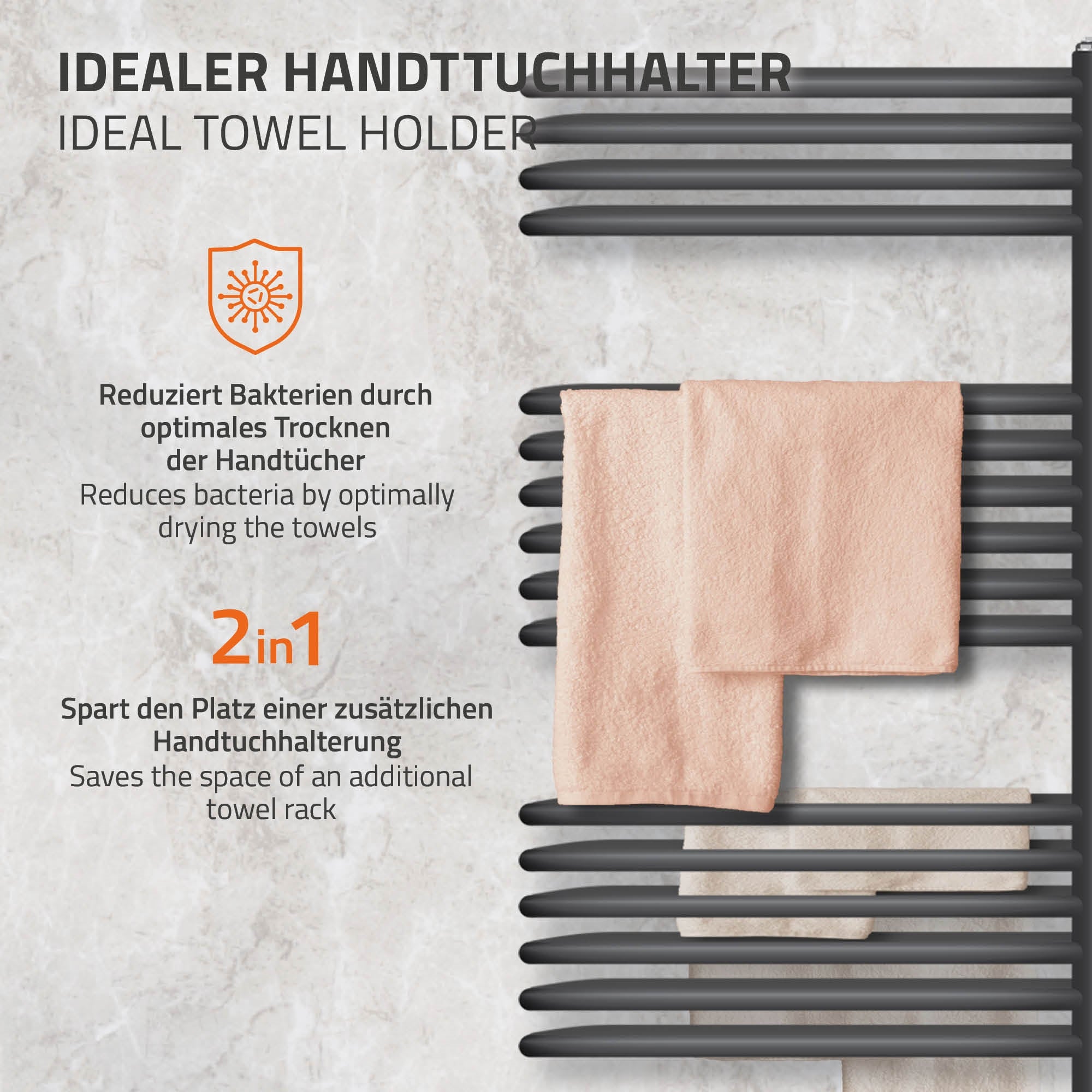 Handtuchhalter in anthrazit mit mehreren Stangen und zwei Handtüchern.