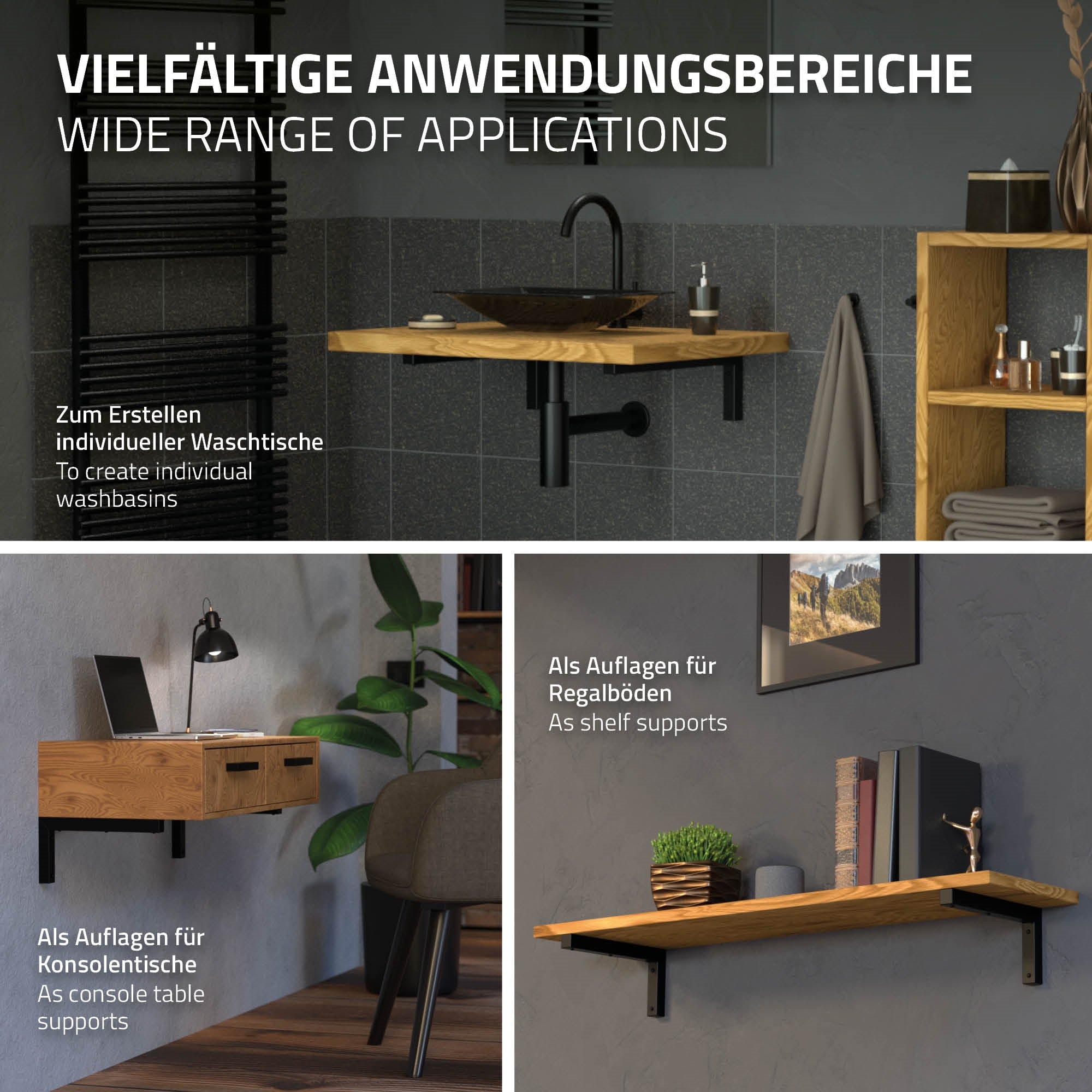Mensola in legno con lavabo e diverse possibilità di utilizzo.