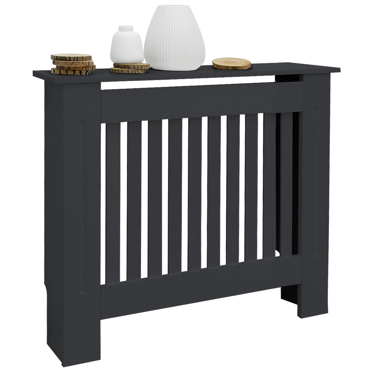 Black radiator cover with decoration on the top.