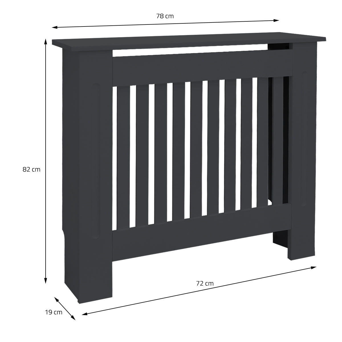 Black radiator cover with vertical slats, dimensions: 78x82x19 cm.