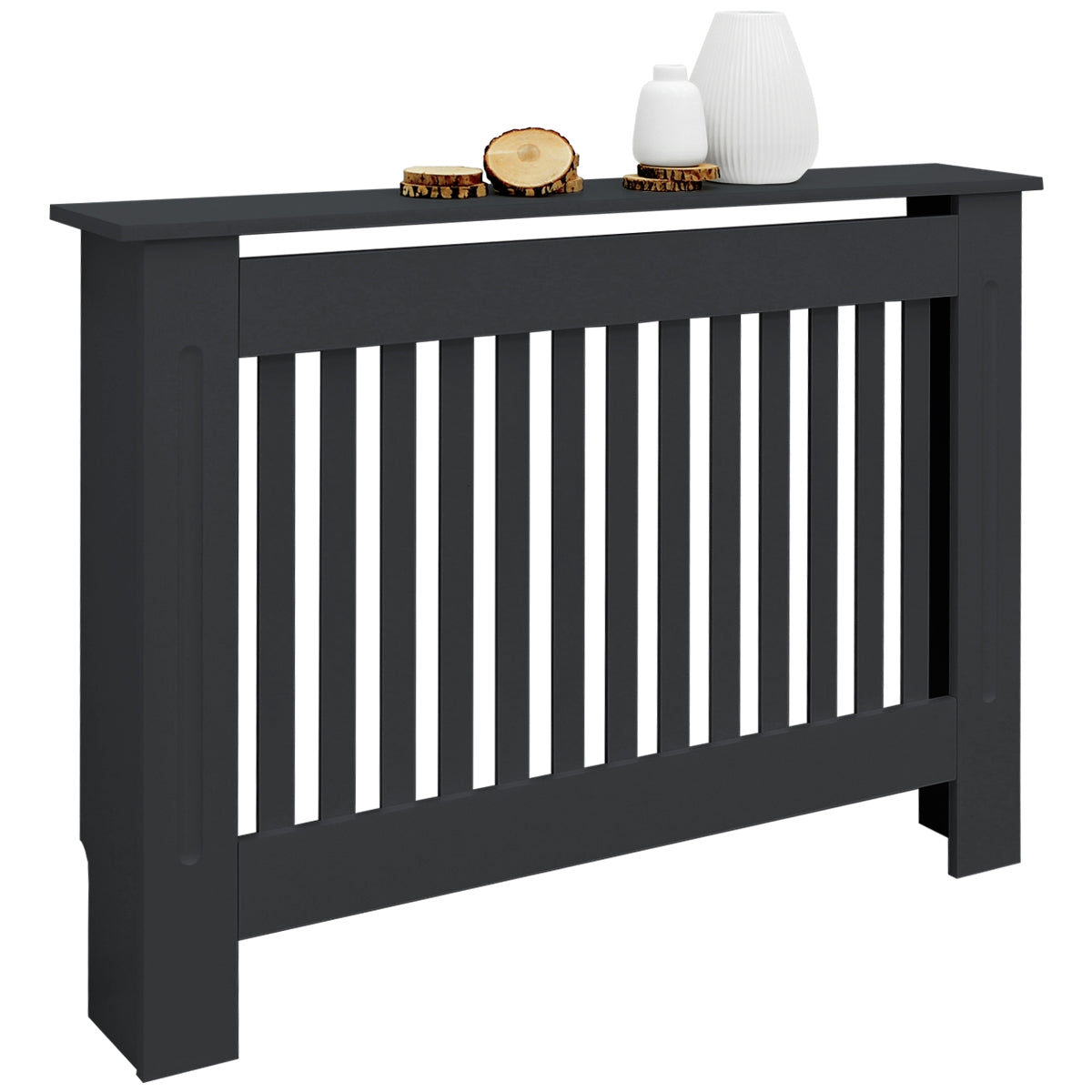 Rivestimento del radiatore nero con elementi decorativi sulla parte superiore.