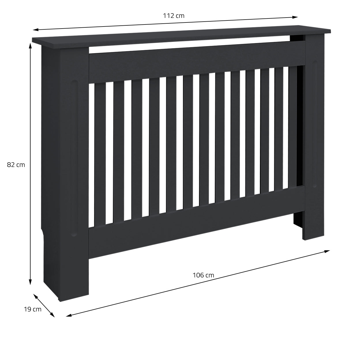 Rivestimento del radiatore nero con dimensioni in cm.