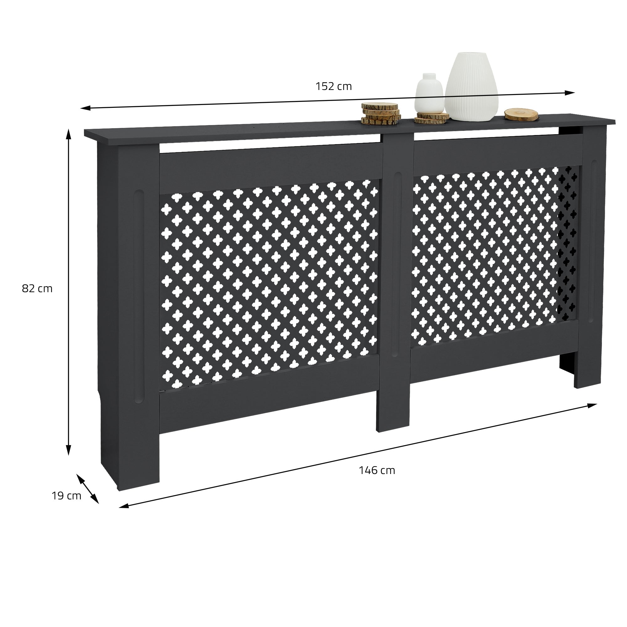 Revestimiento de radiador negro con un patrón decorativo, medidas: 152 cm x 82 cm x 19 cm.