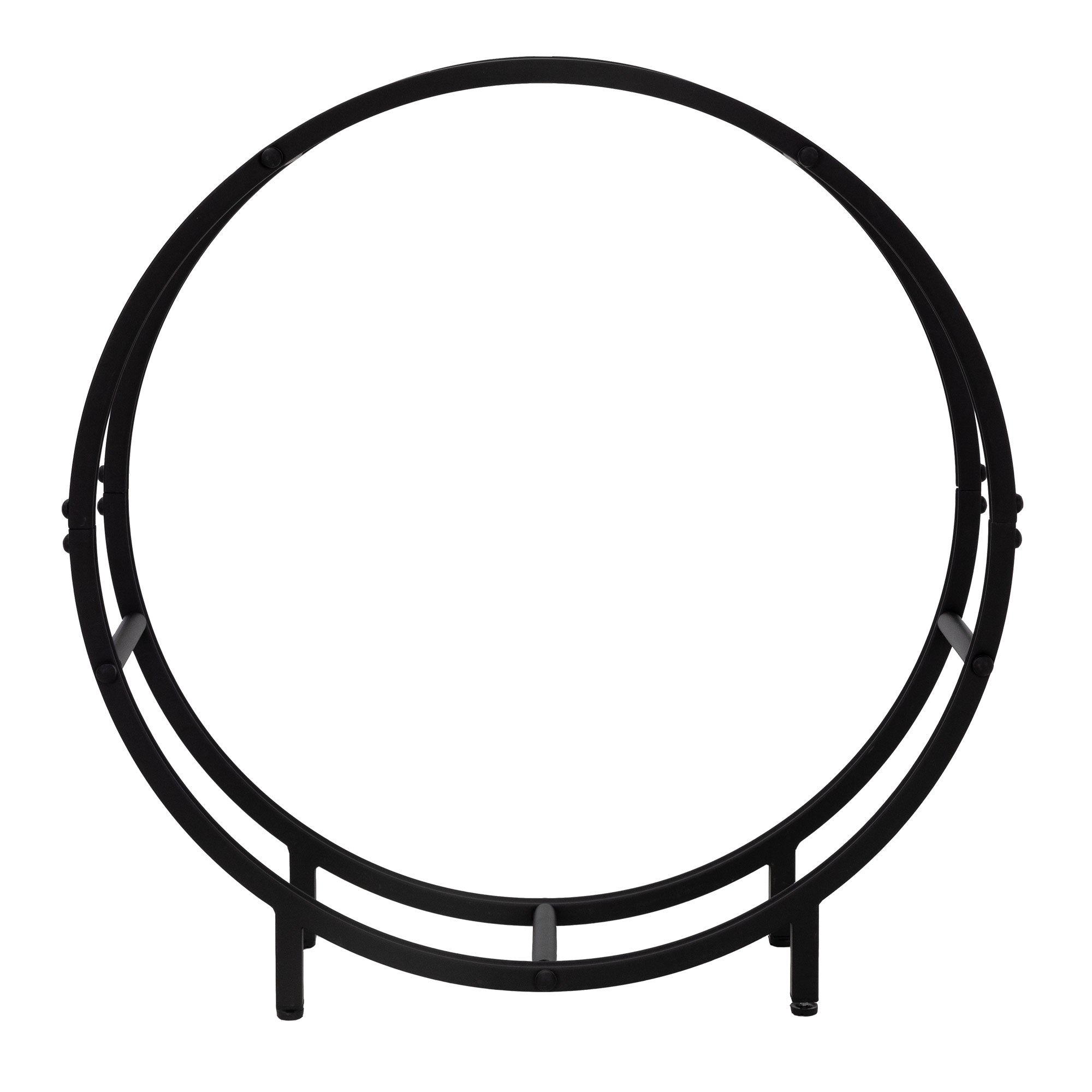 Ein schwarzes, rundenförmiges Metallgestell von vorne.