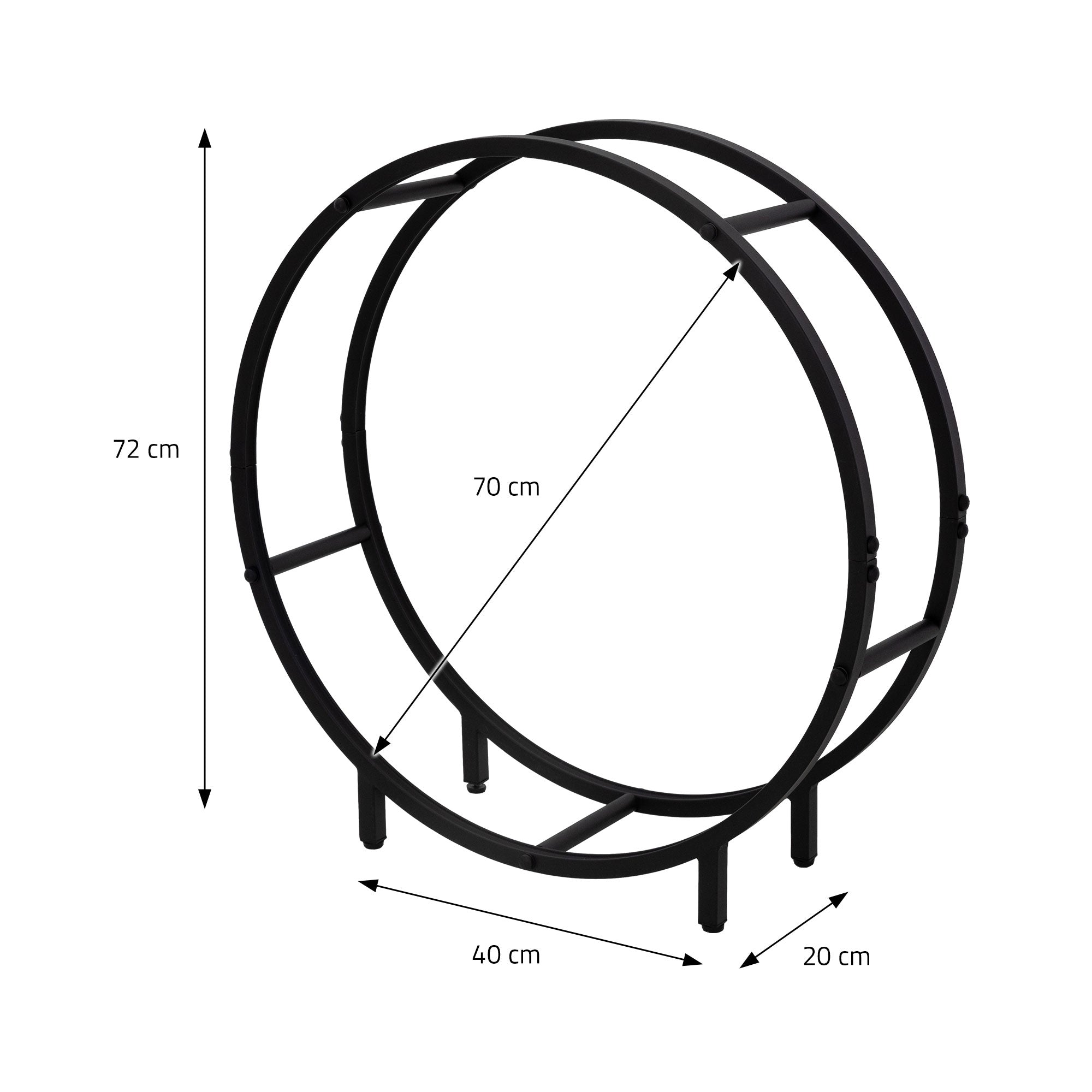 Schwarzer Holzlagerständer mit Maßen 72 cm hoch und 70 cm Durchmesser.