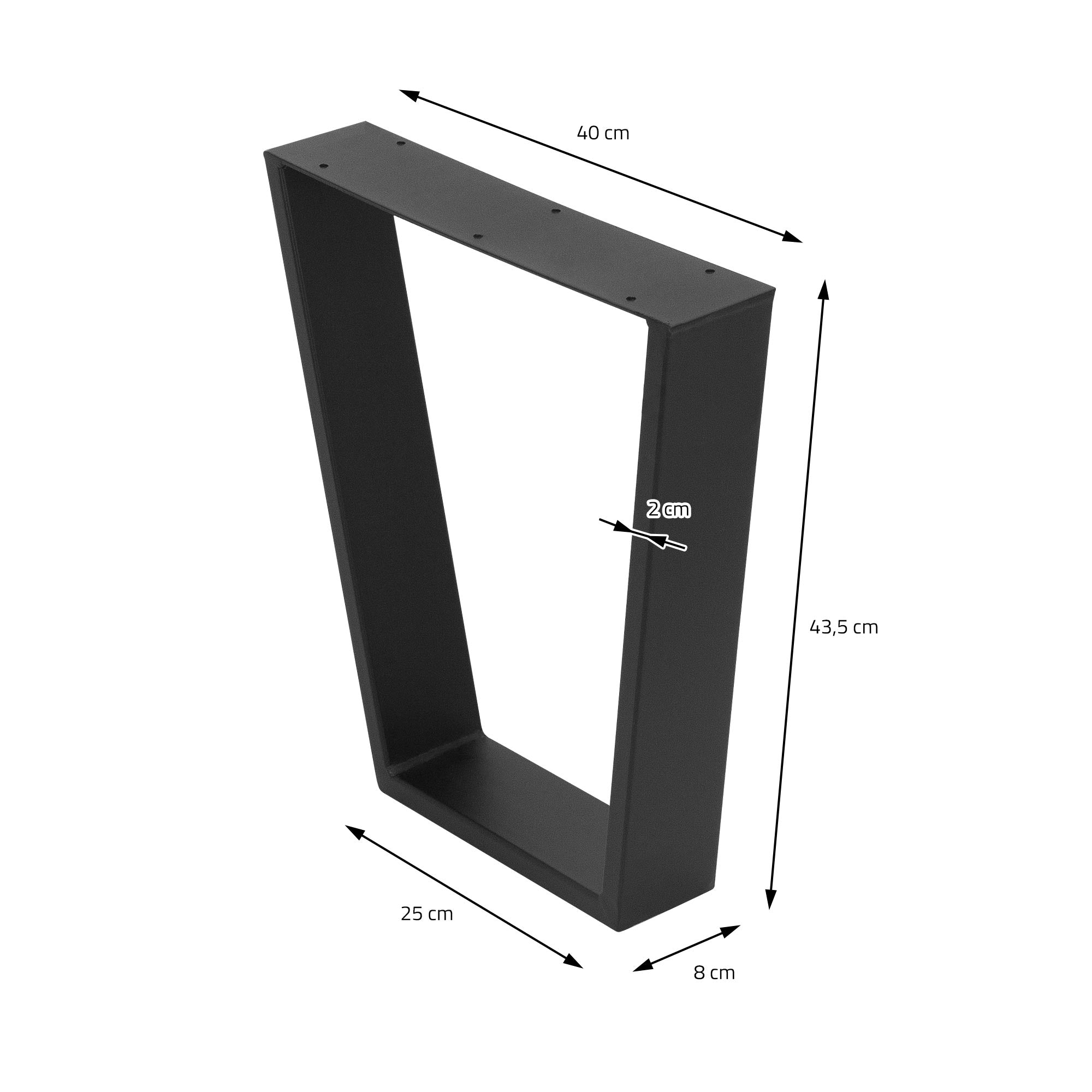 En sort, rektangulær ramme med målene 40 cm x 25 cm x 8 cm.