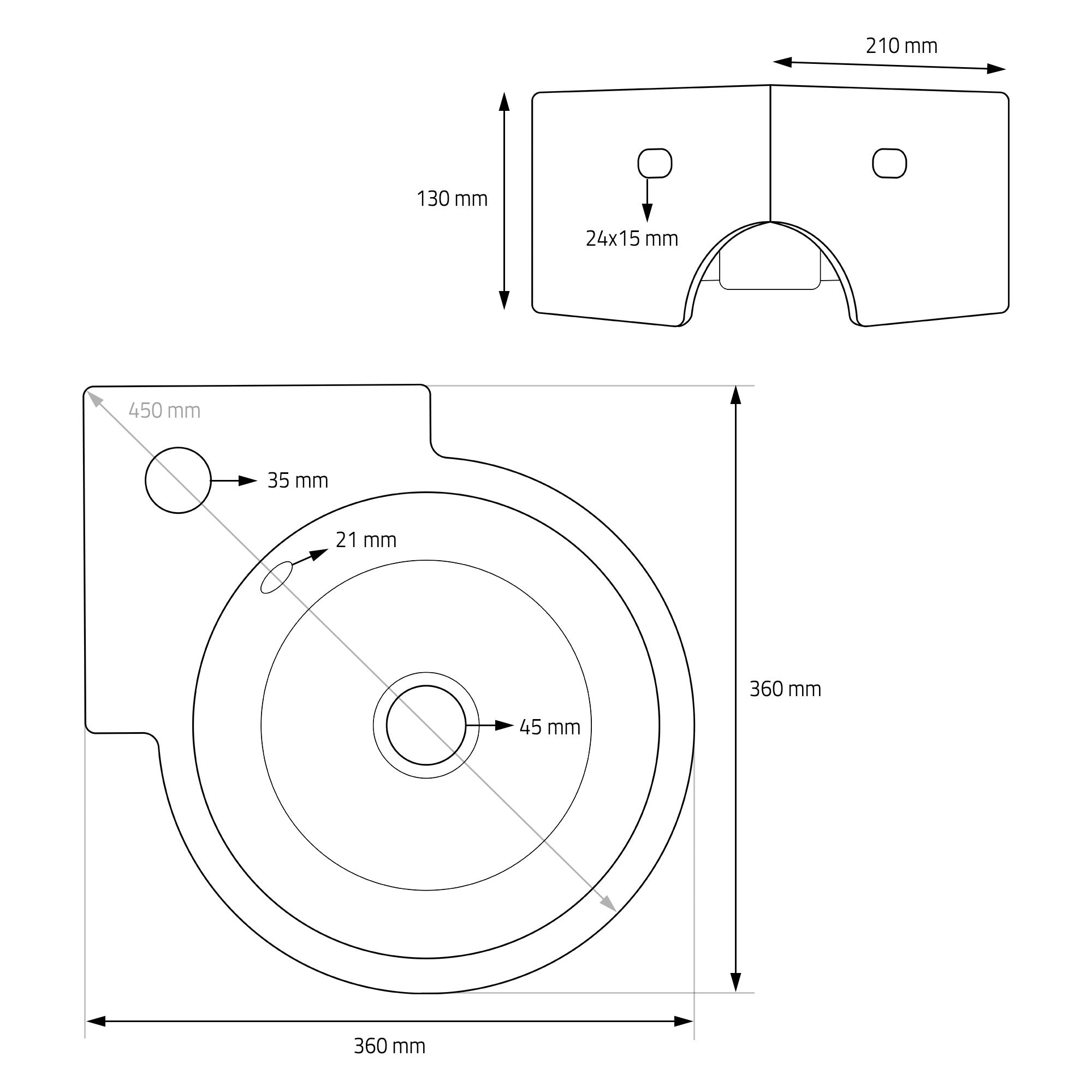 Disegno tecnico di un lavabo con misure.