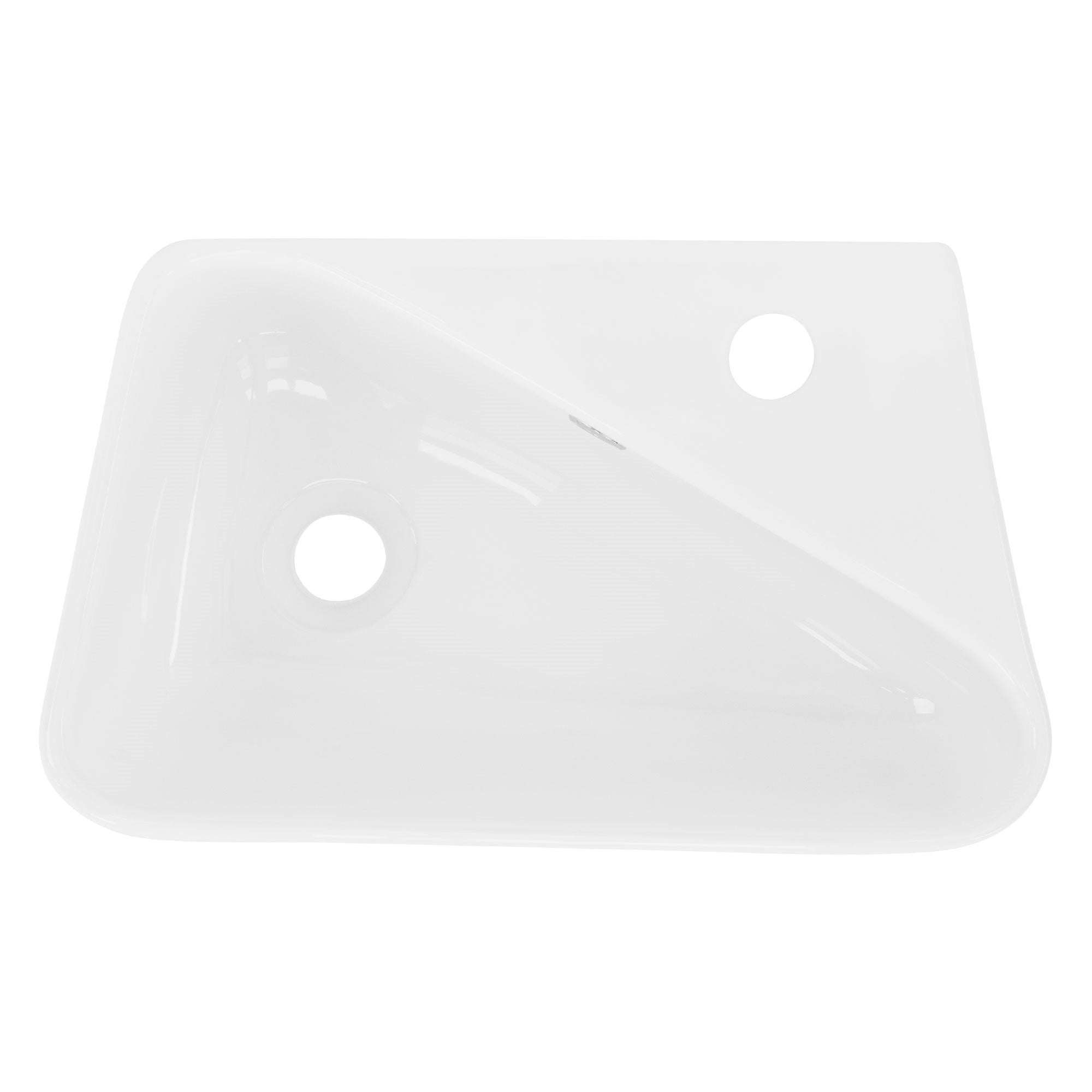 Witte, driehoekige wastafel met twee gaten.
