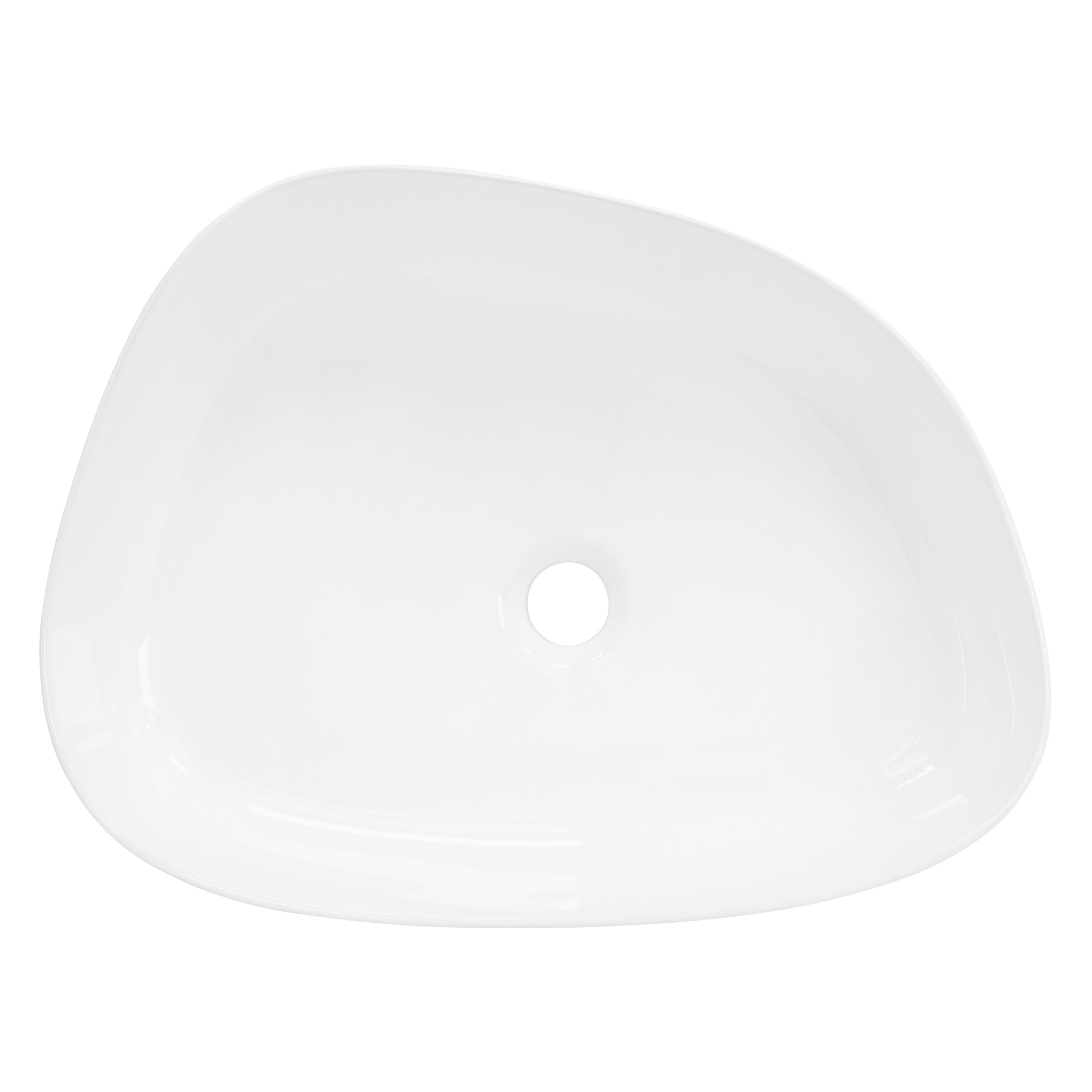 Un lavabo blanc, de forme ovale, vu de dessus.