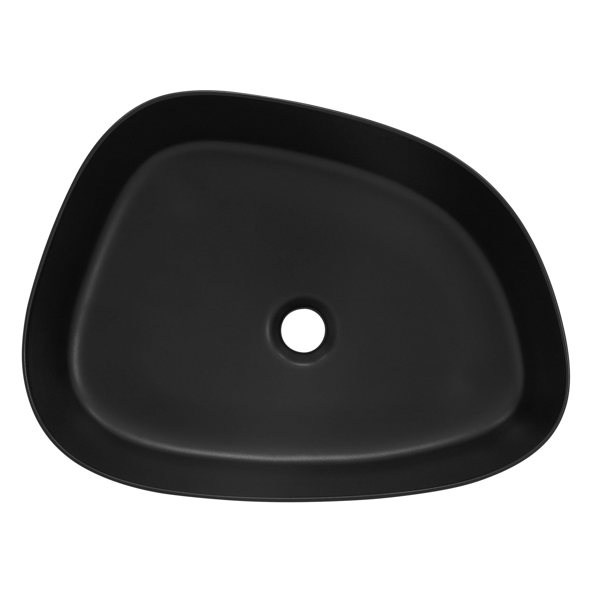 Lavabo nero di forma irregolare visto dall'alto.