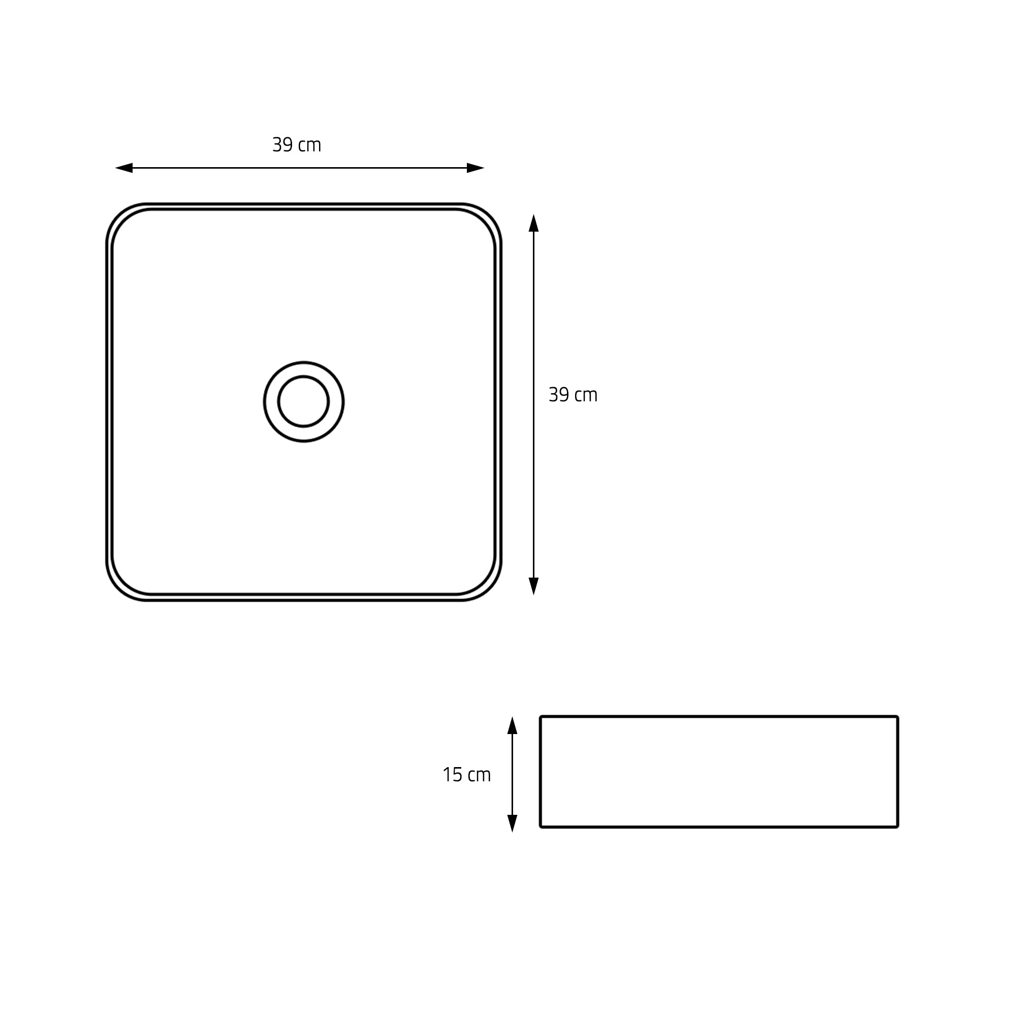 Technical drawing of a square object with dimensions.
