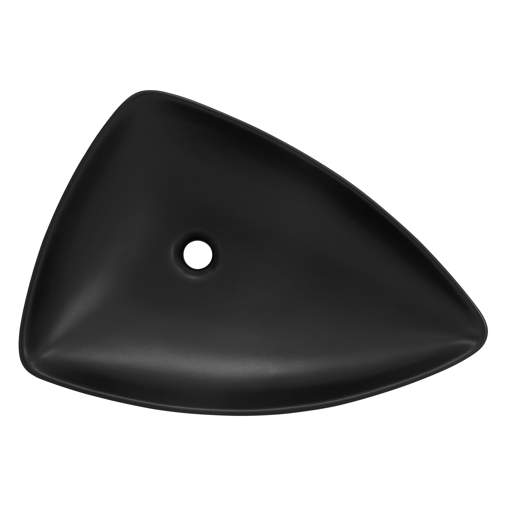 Lavabo triangular negro con un agujero de desagüe en el centro.
