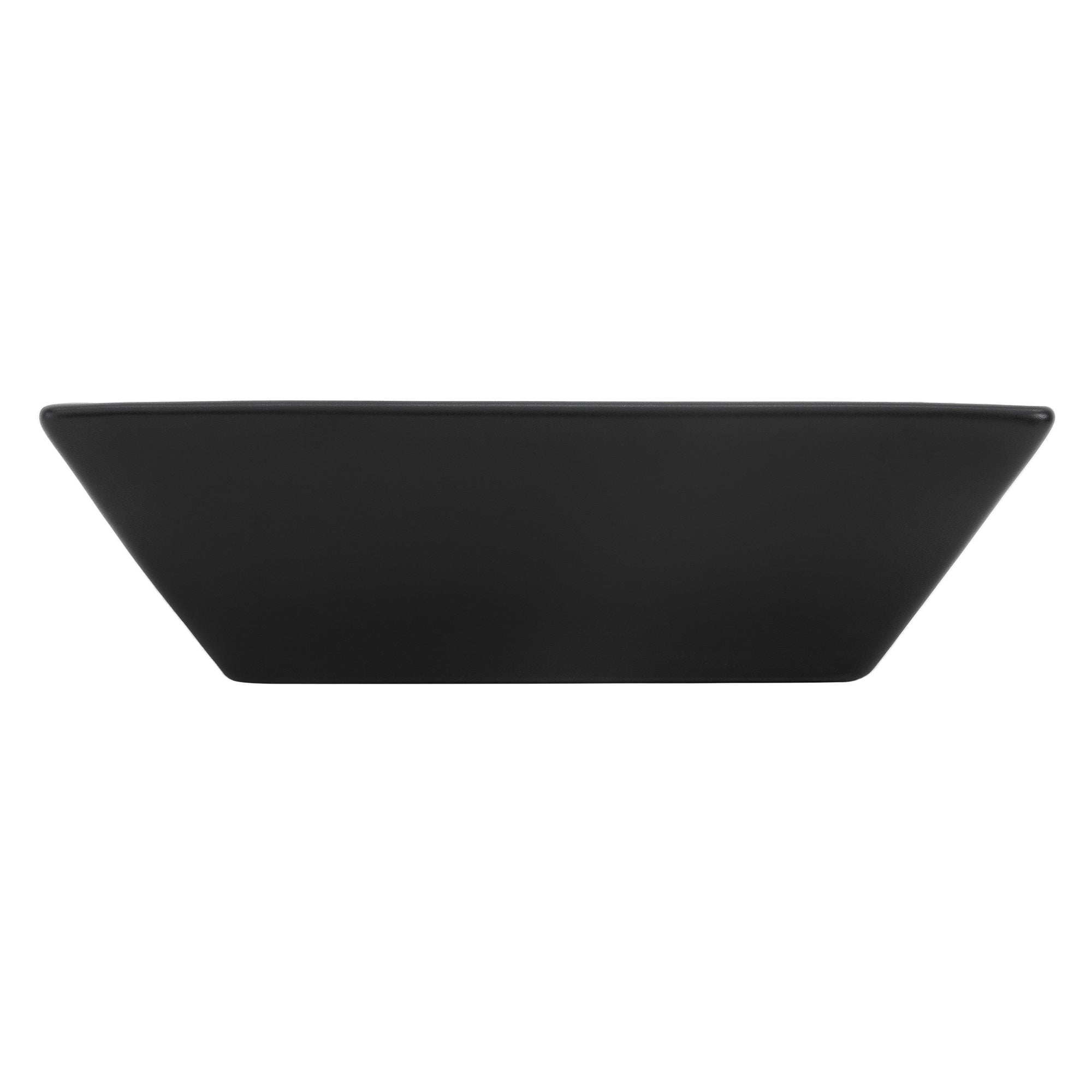 Black, flat bowl viewed from the side.