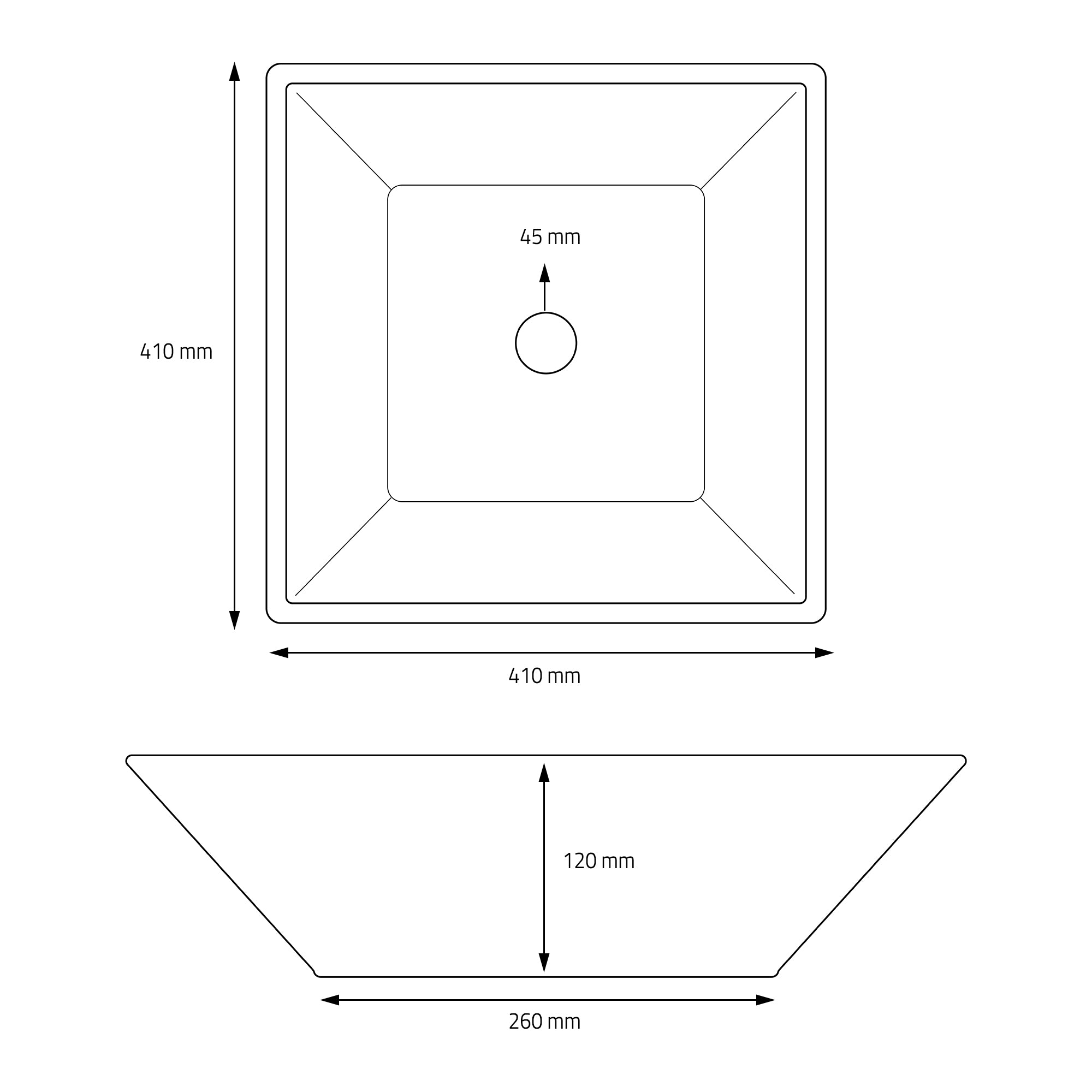 Dibujo técnico de un lavabo cuadrado con especificaciones de medidas.
