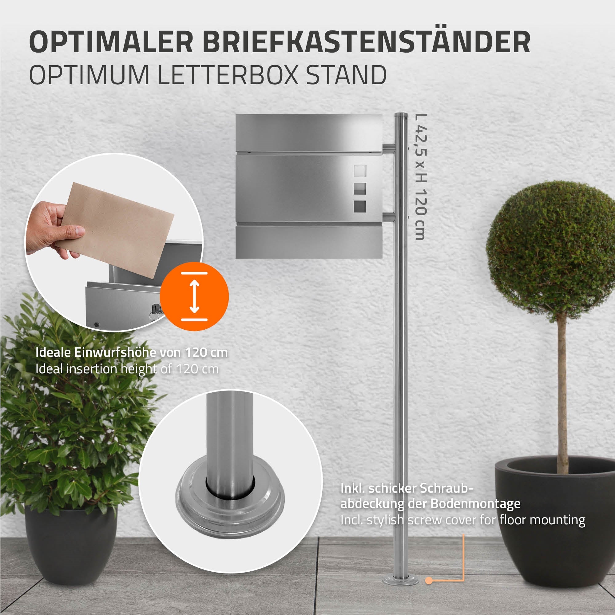 Mailbox stand with measurements and description of the insertion height.
