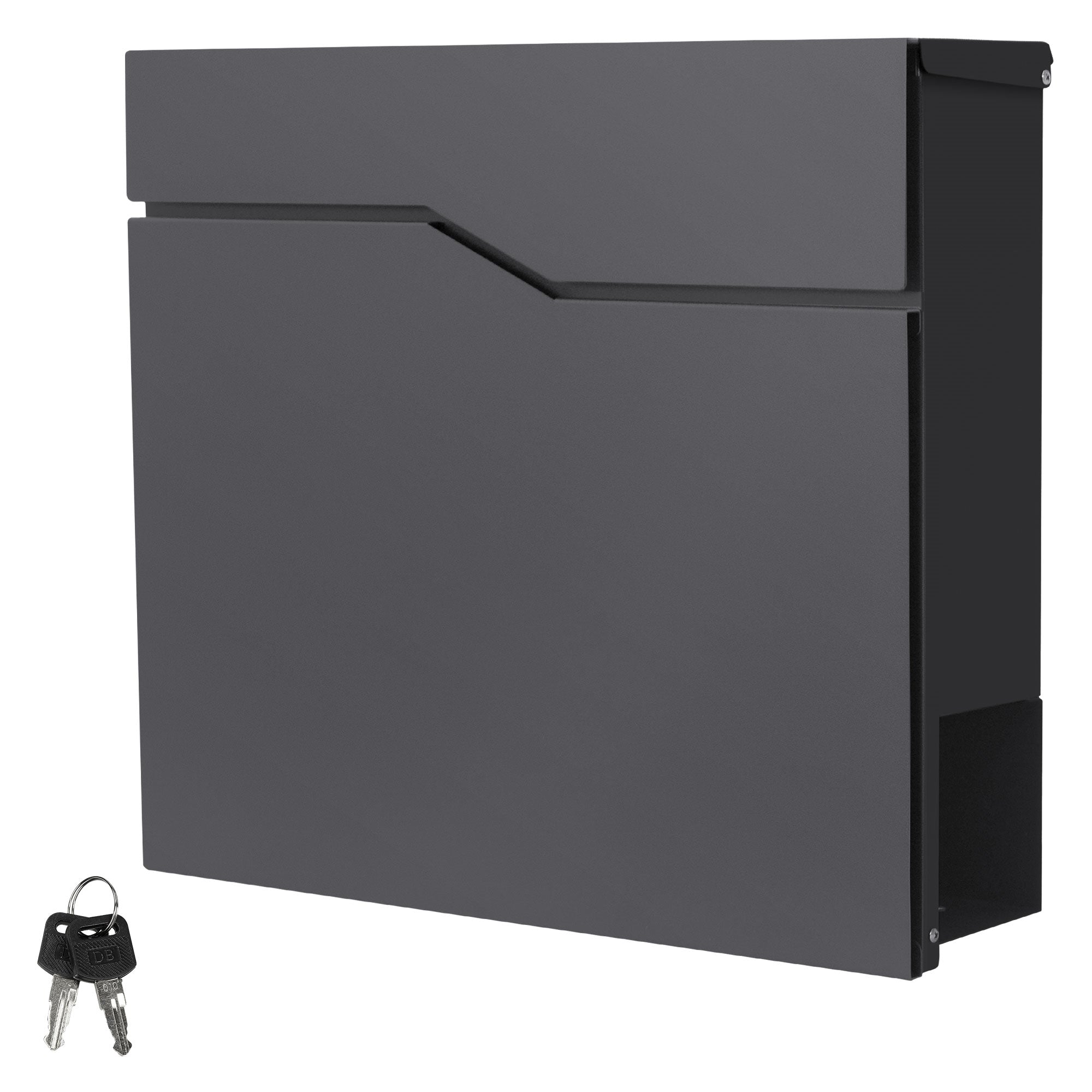 Anthracite mailbox with an open flap and letters.