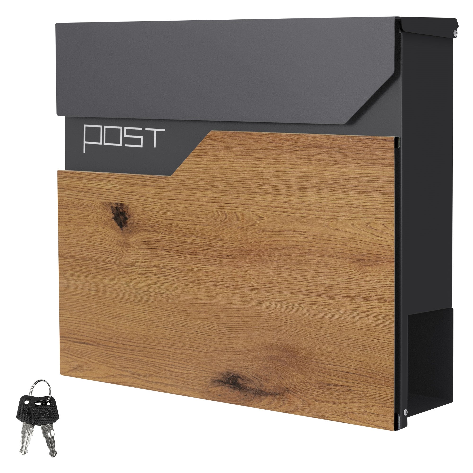 An anthracite mailbox with oak decor and a key.