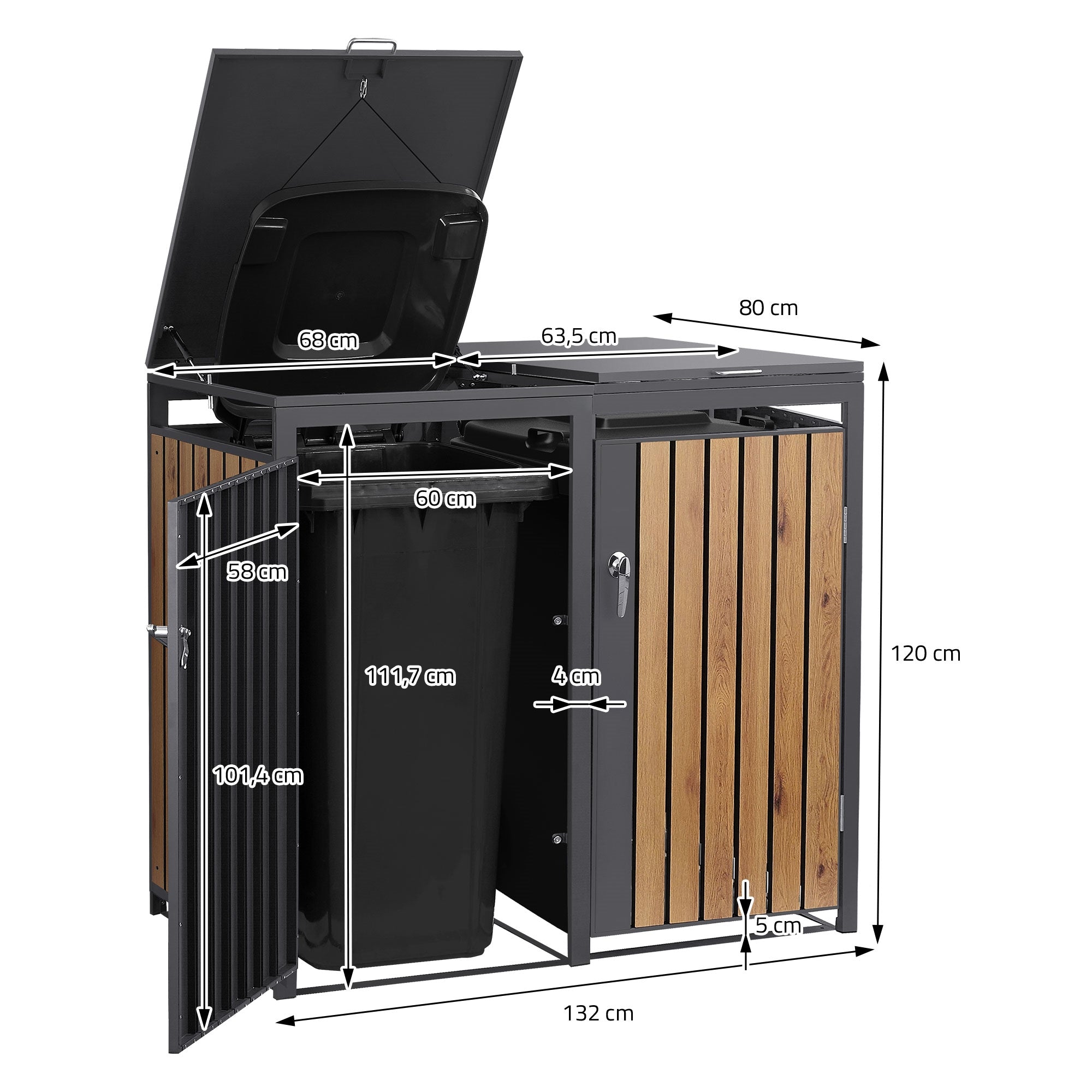 Maatschets van een afvalcontainerbox met afmetingen in centimeters.