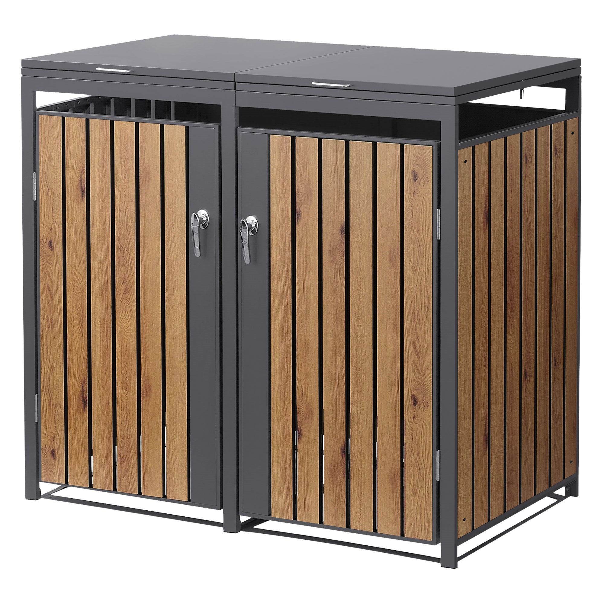 Zwei Mülltonnenboxen mit Holzverkleidung, geschlossen und nebeneinander.