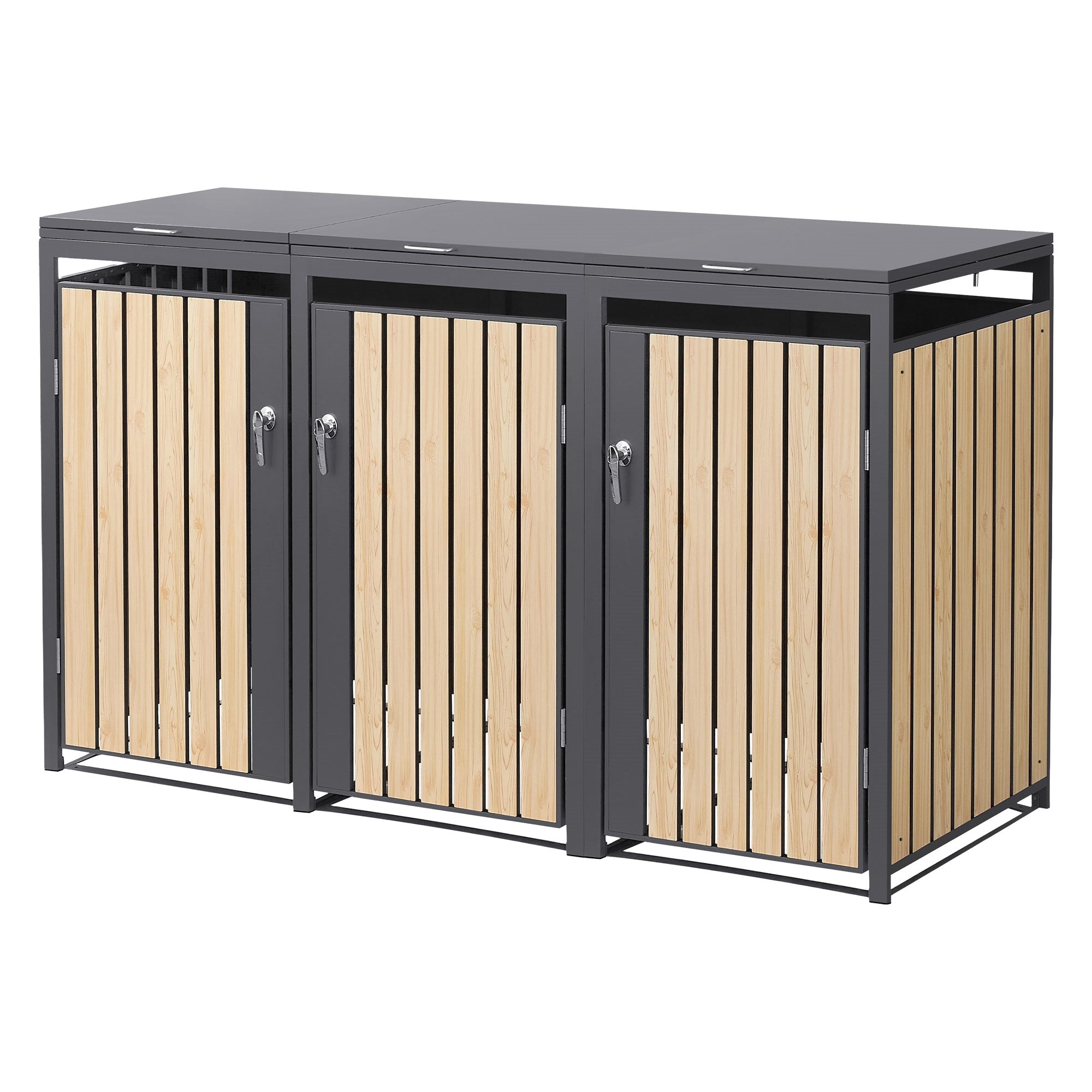 Box per bidoni della spazzatura con tre scomparti e porte in legno.