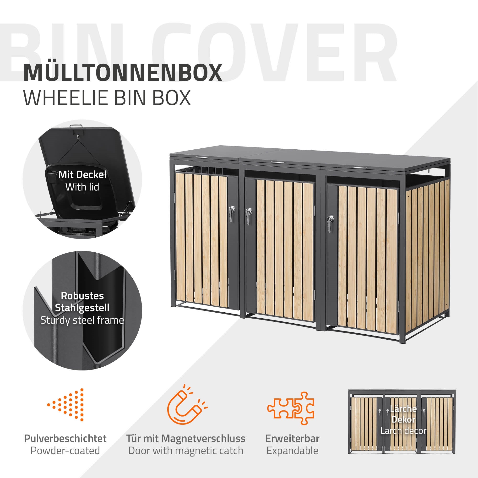 Box per bidoni della spazzatura con coperchio, in acciaio verniciato a polvere, con effetto legno.