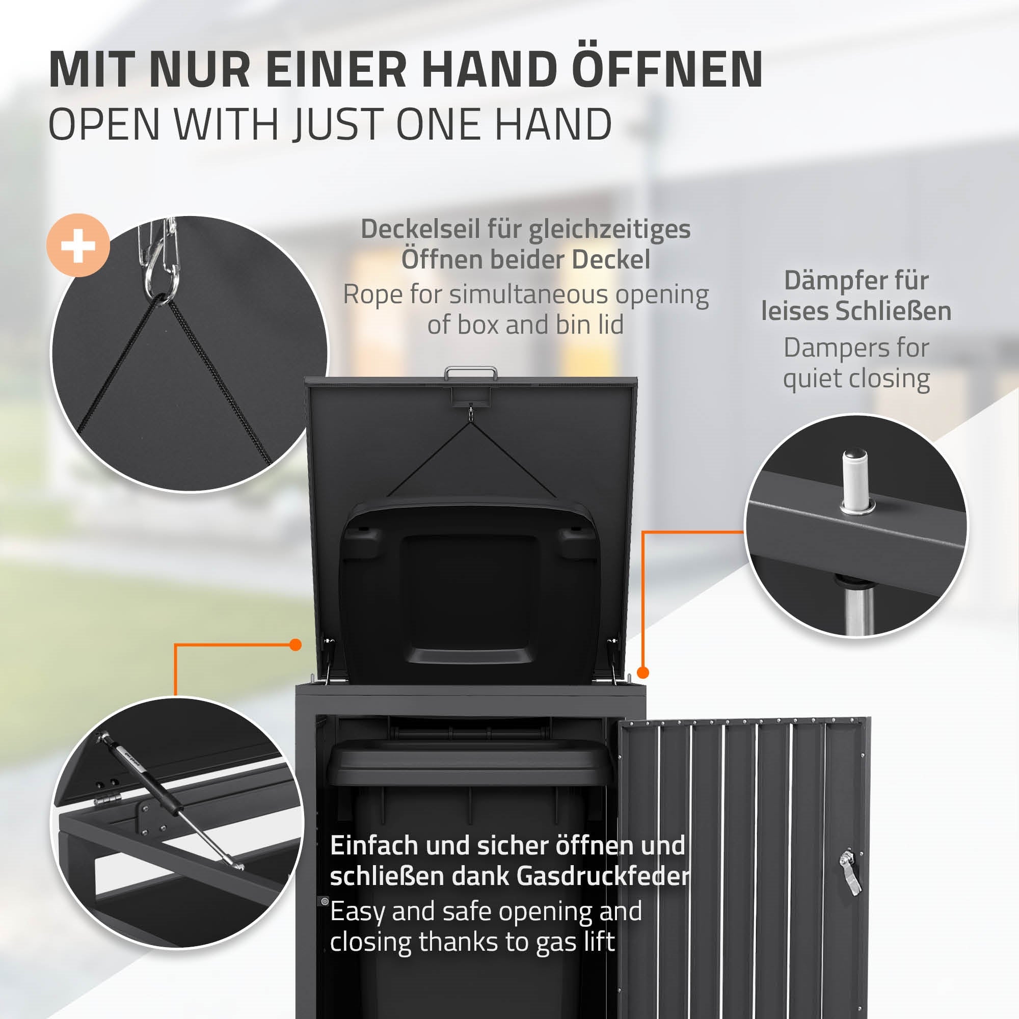 Graphic for operating the trash bin box with a handle and insulation.