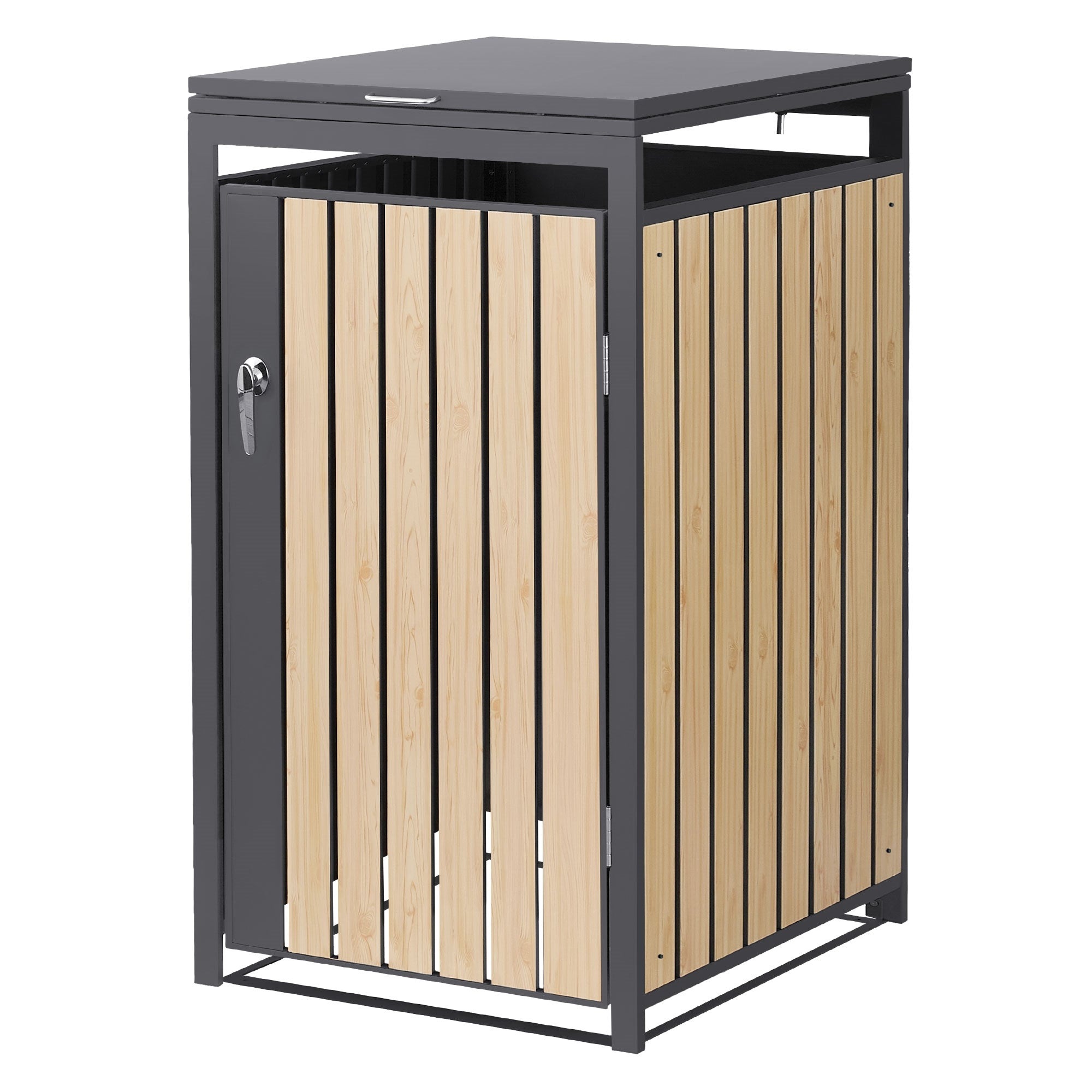 Un armadio grigio con listelli di legno, una porta e una serratura.