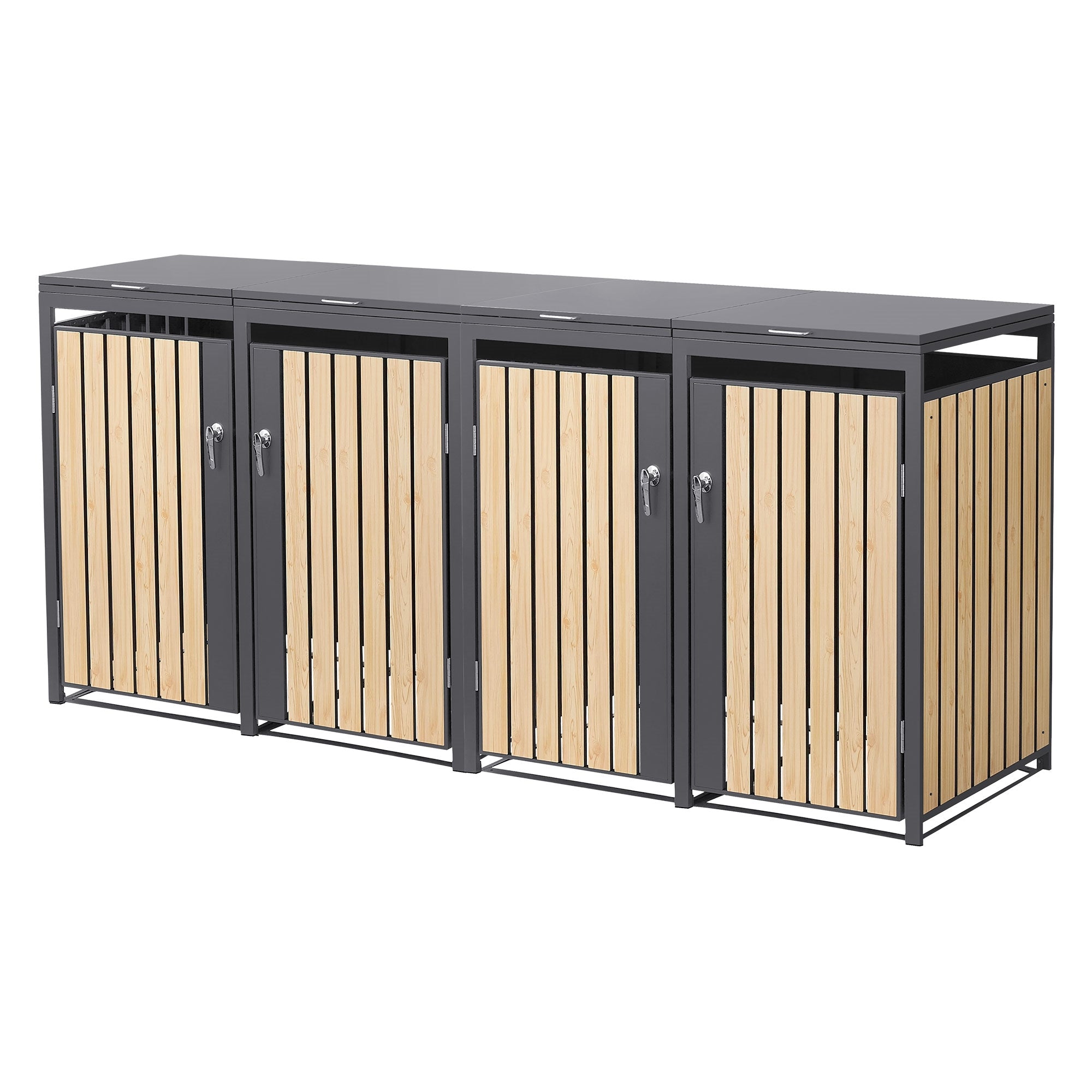 Conteneur à poubelles avec lattes en bois et cadre sombre.