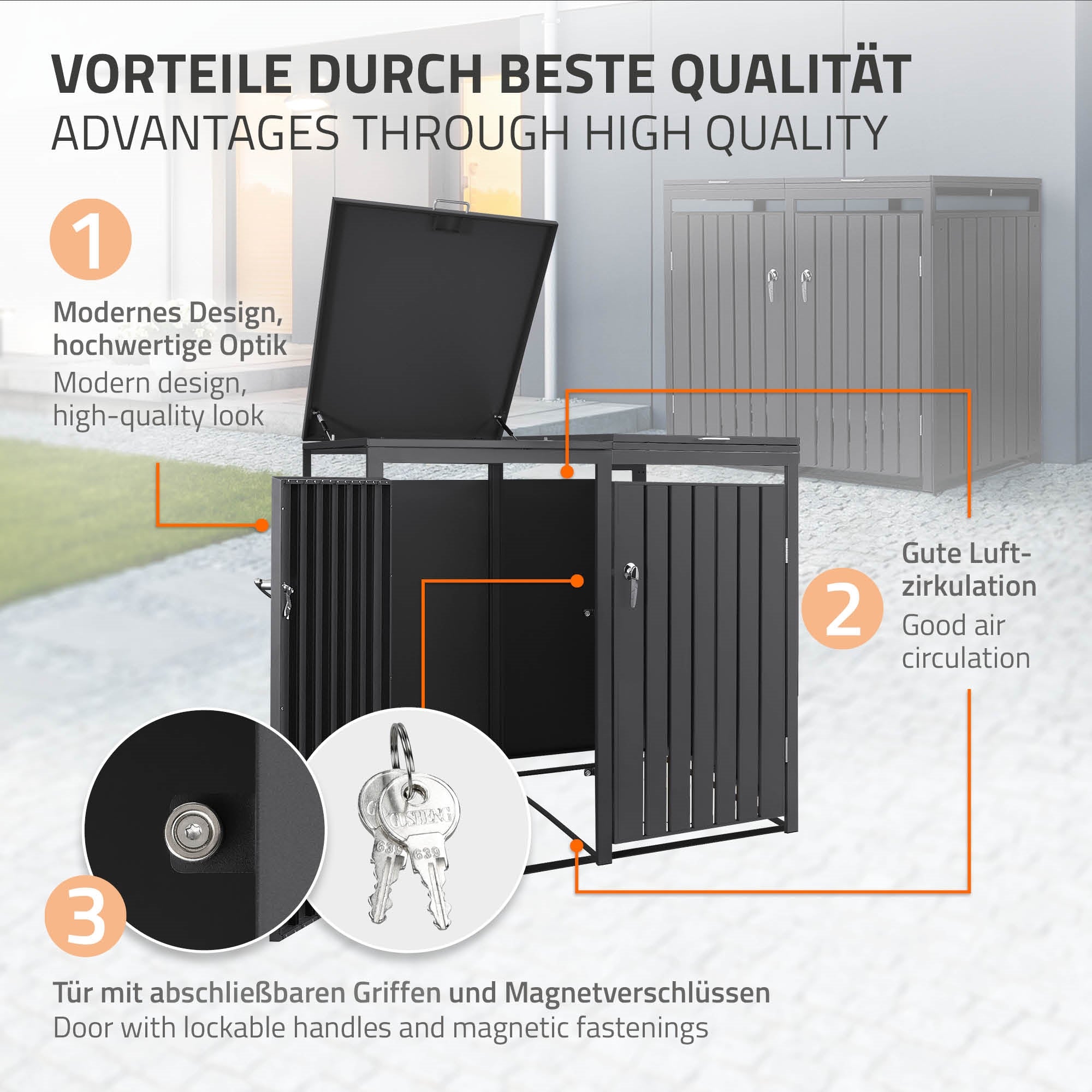 Ein Mülltonnenhaus mit modernen Design und guter Luftzirkulation.