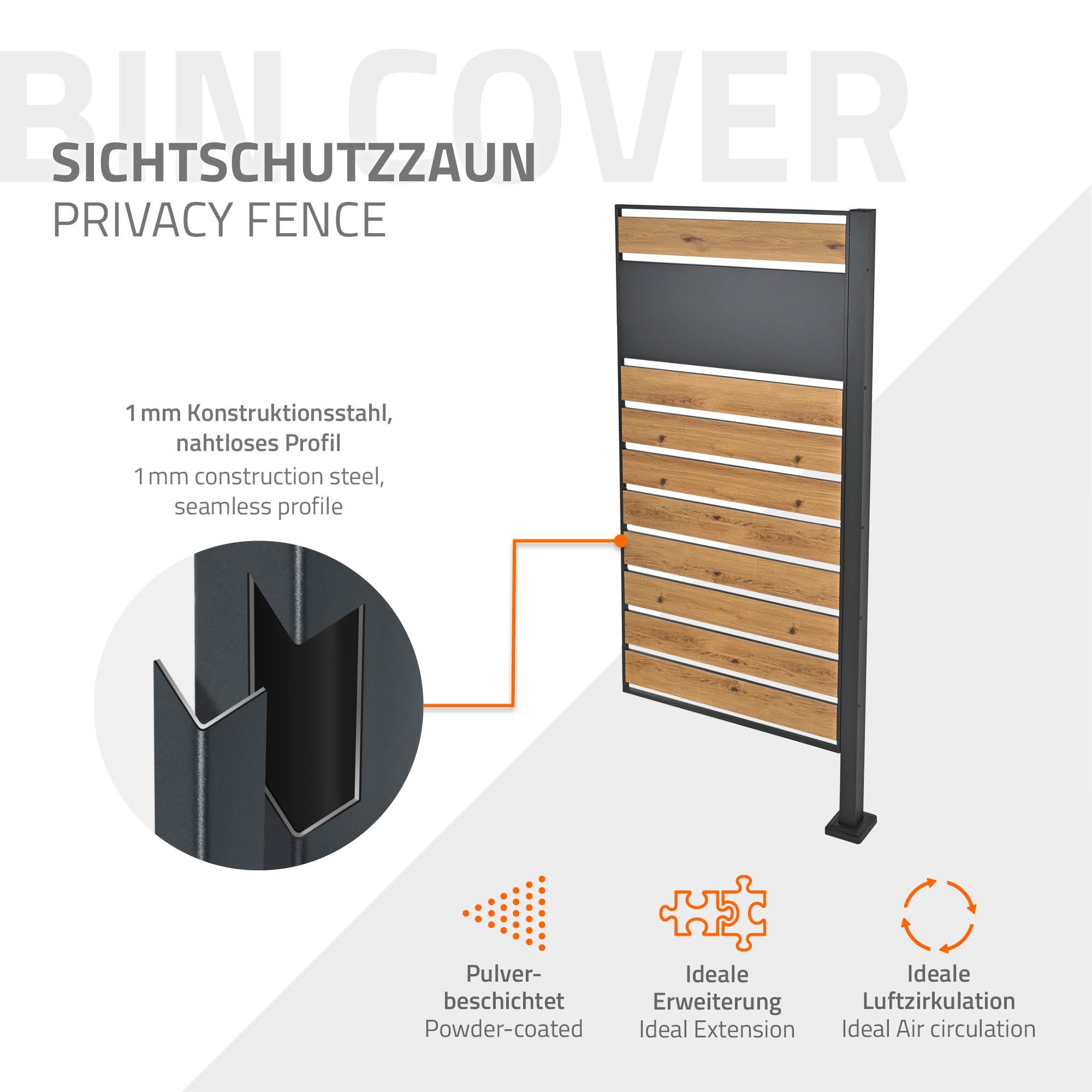 Sichtschutzzaun aus Konstruktionsstahl mit Holzoptik.