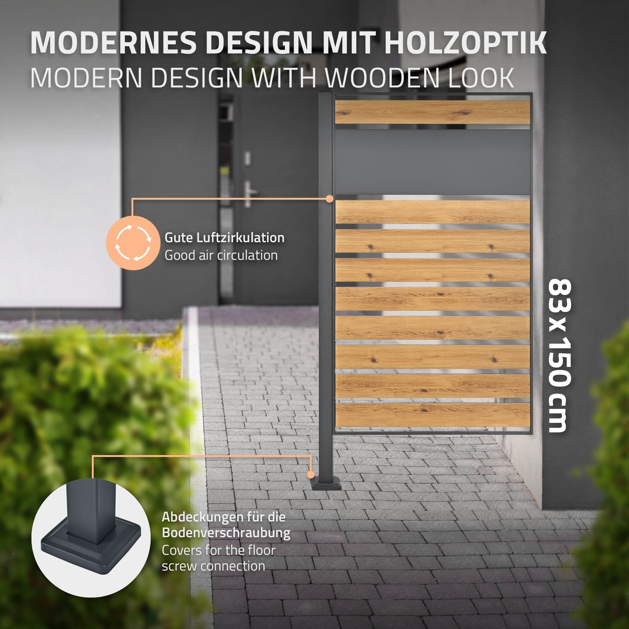 Moderne Zaunoptik mit Holzlook und guter Luftzirkulation.