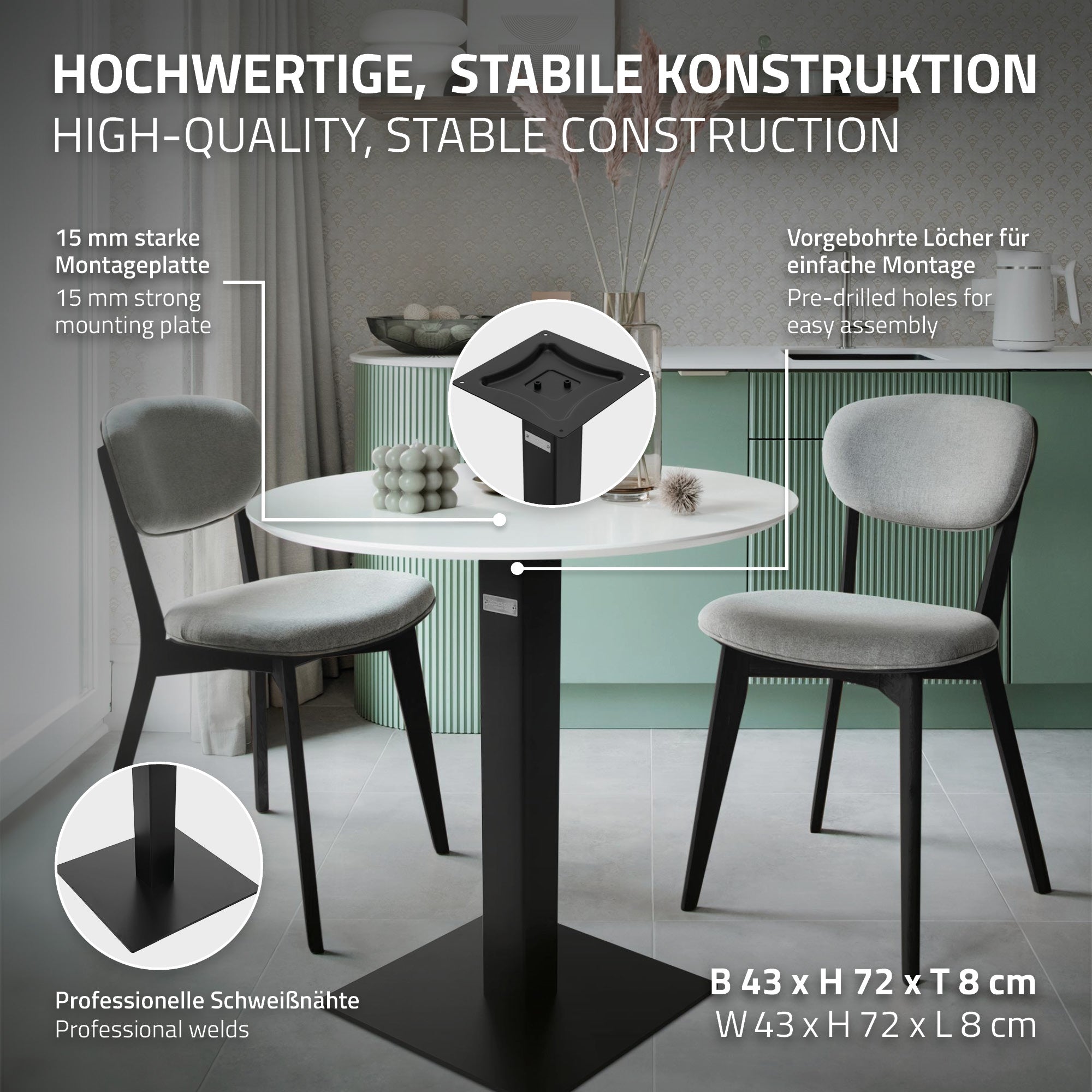 Een tafel met twee stoelen in een moderne keuken, met focus op de tafelconstructie.