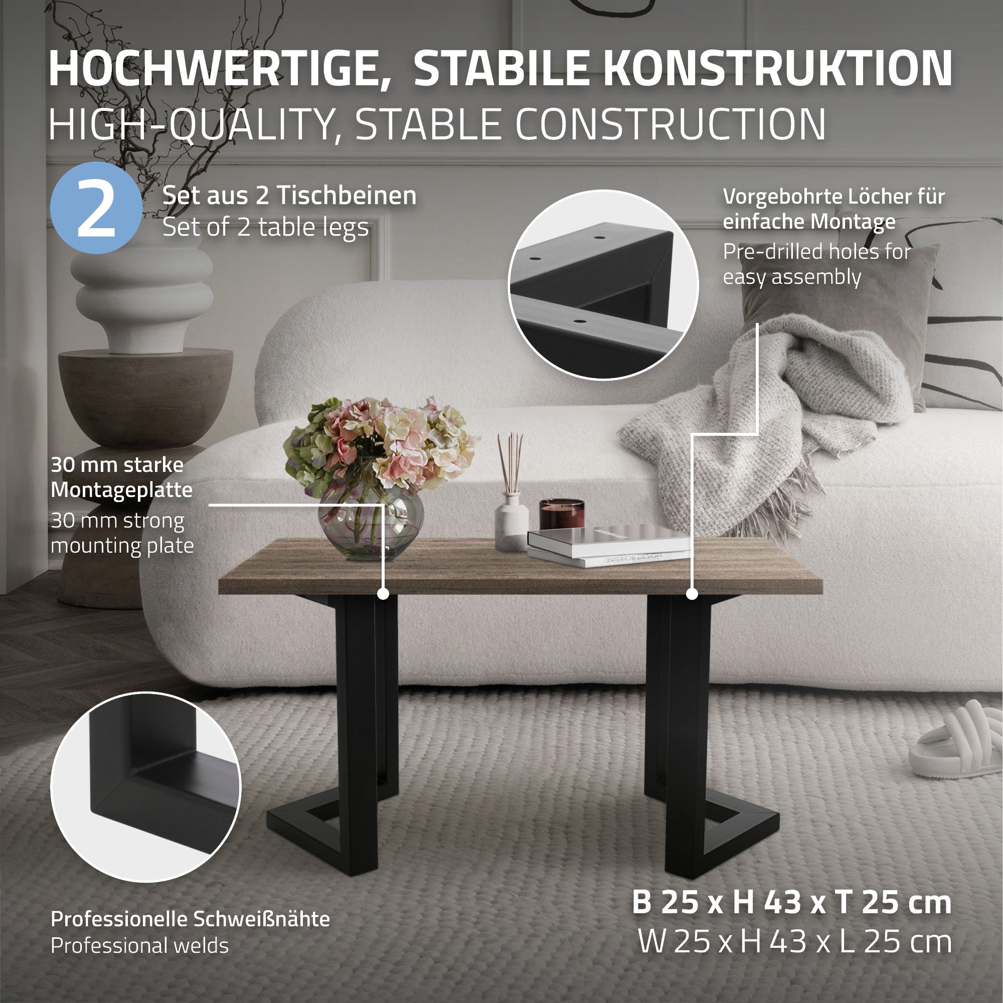 Kleiner Tisch mit stabilen Beinen und Montageanleitung, Maße B 25 x H 43 x T 25 cm.