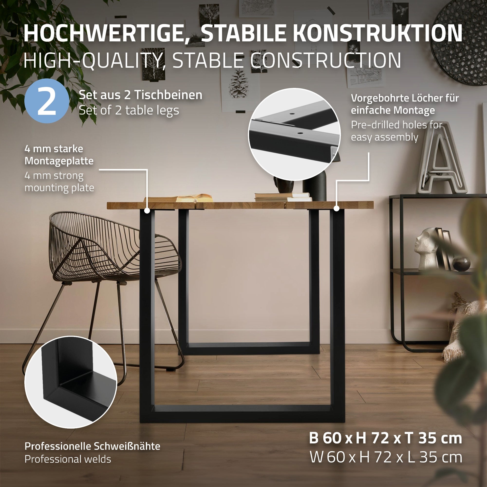 Mesa con construcción estable y dos patas, tablero de madera y base negra.