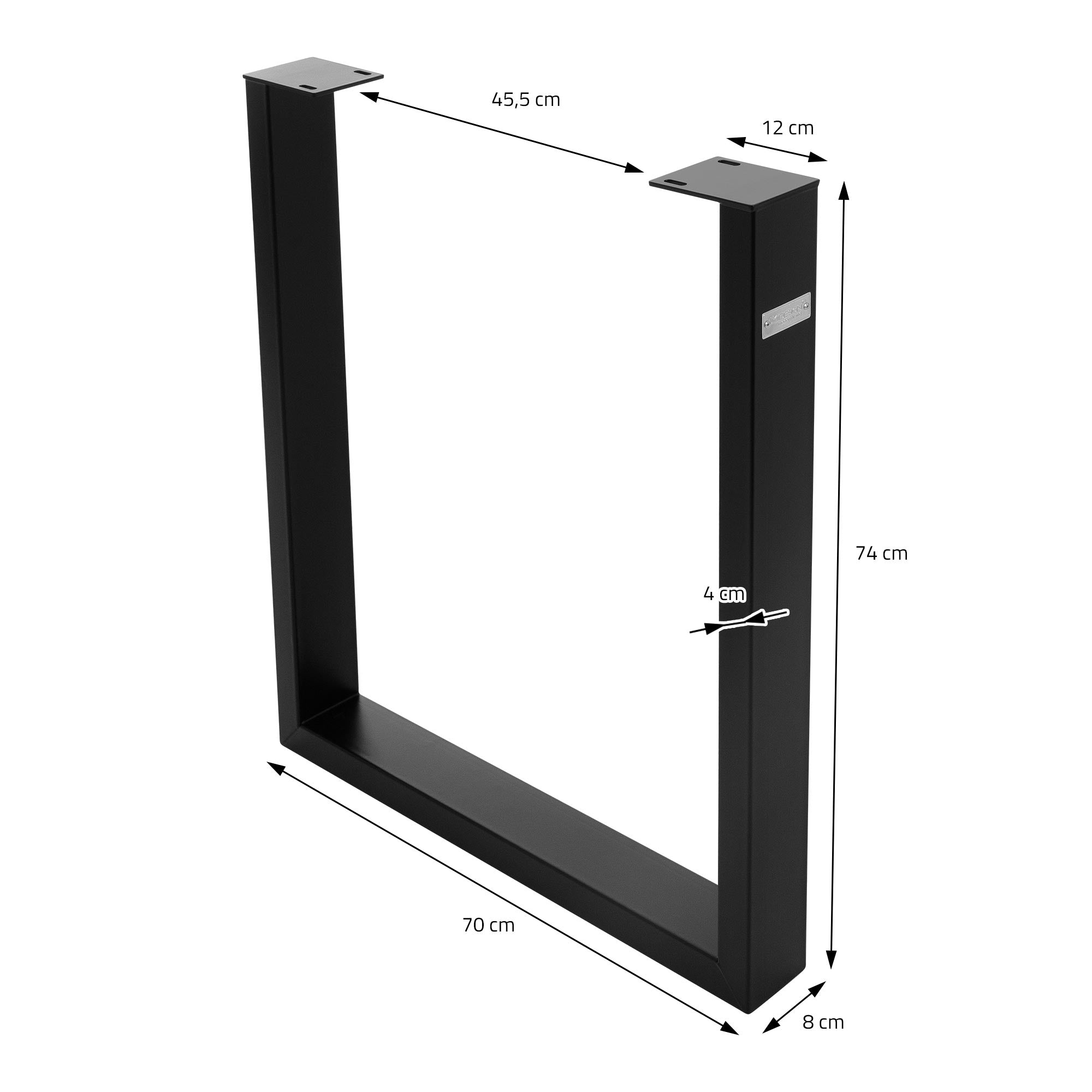 Una base de mesa negra con medidas e instrucciones de montaje.