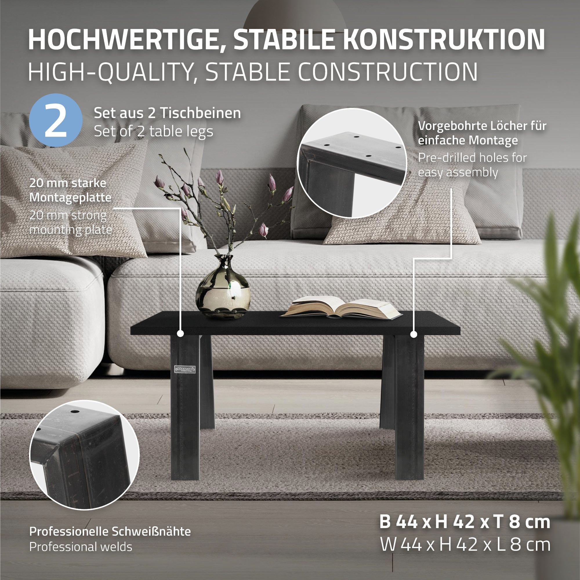 Tafel met stevige poten, afmetingen en details van de constructie zijn opgegeven.