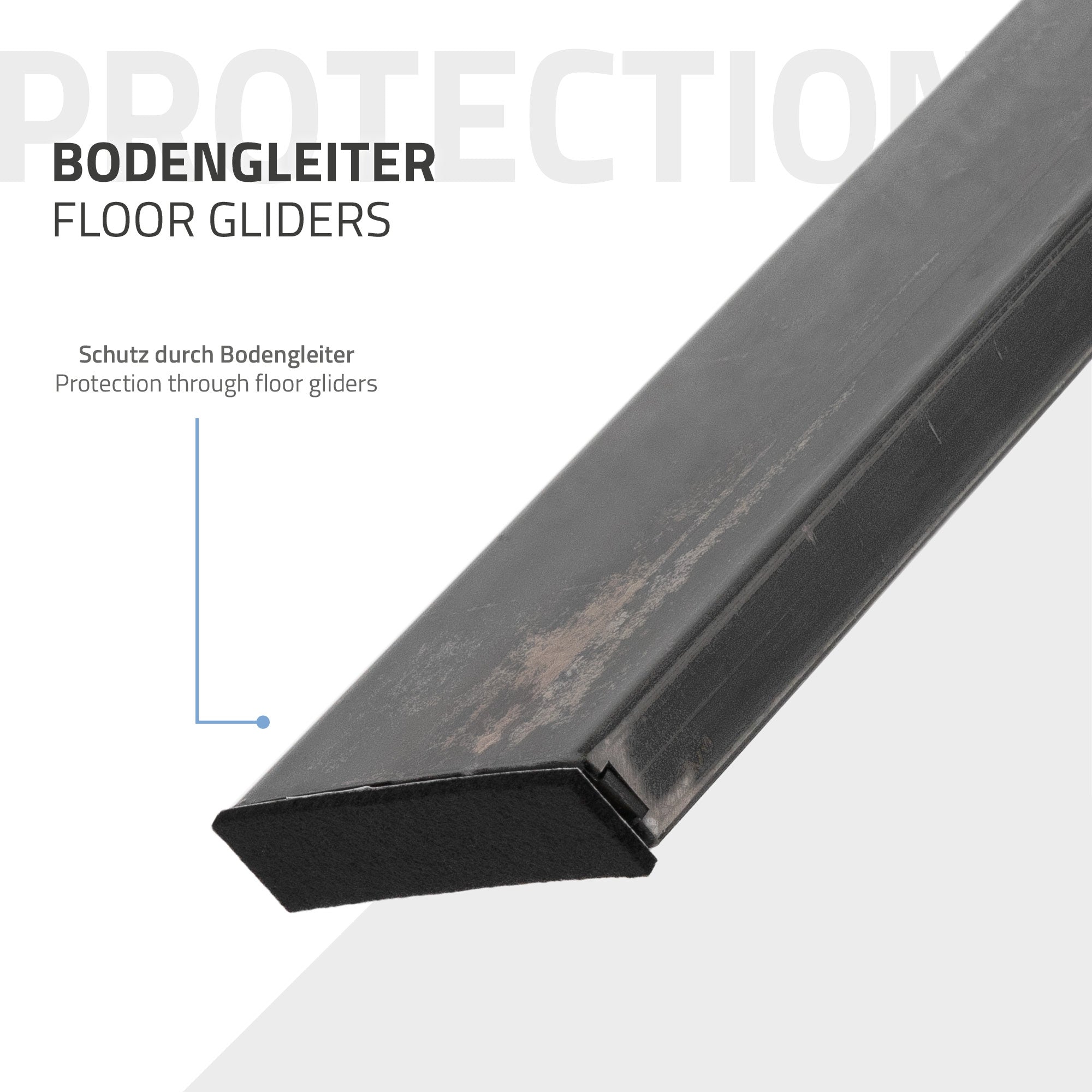 A floor glide made of black material that provides protection for furniture.