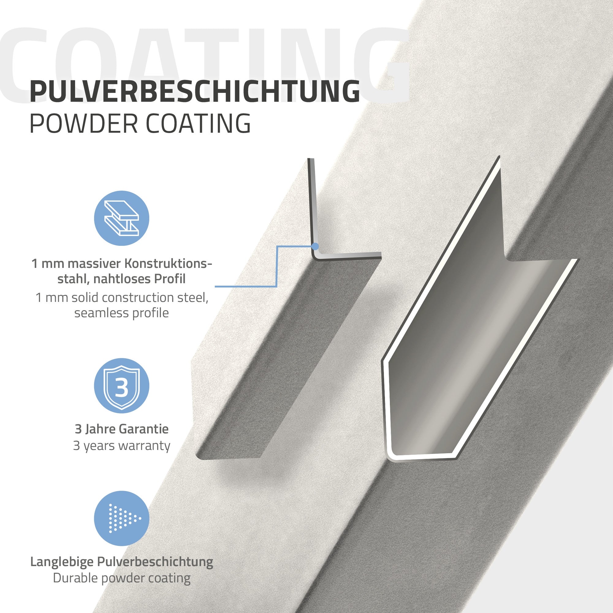 Detailansicht eines Metallprofils mit Beschriftung zu Pulverbeschichtung.