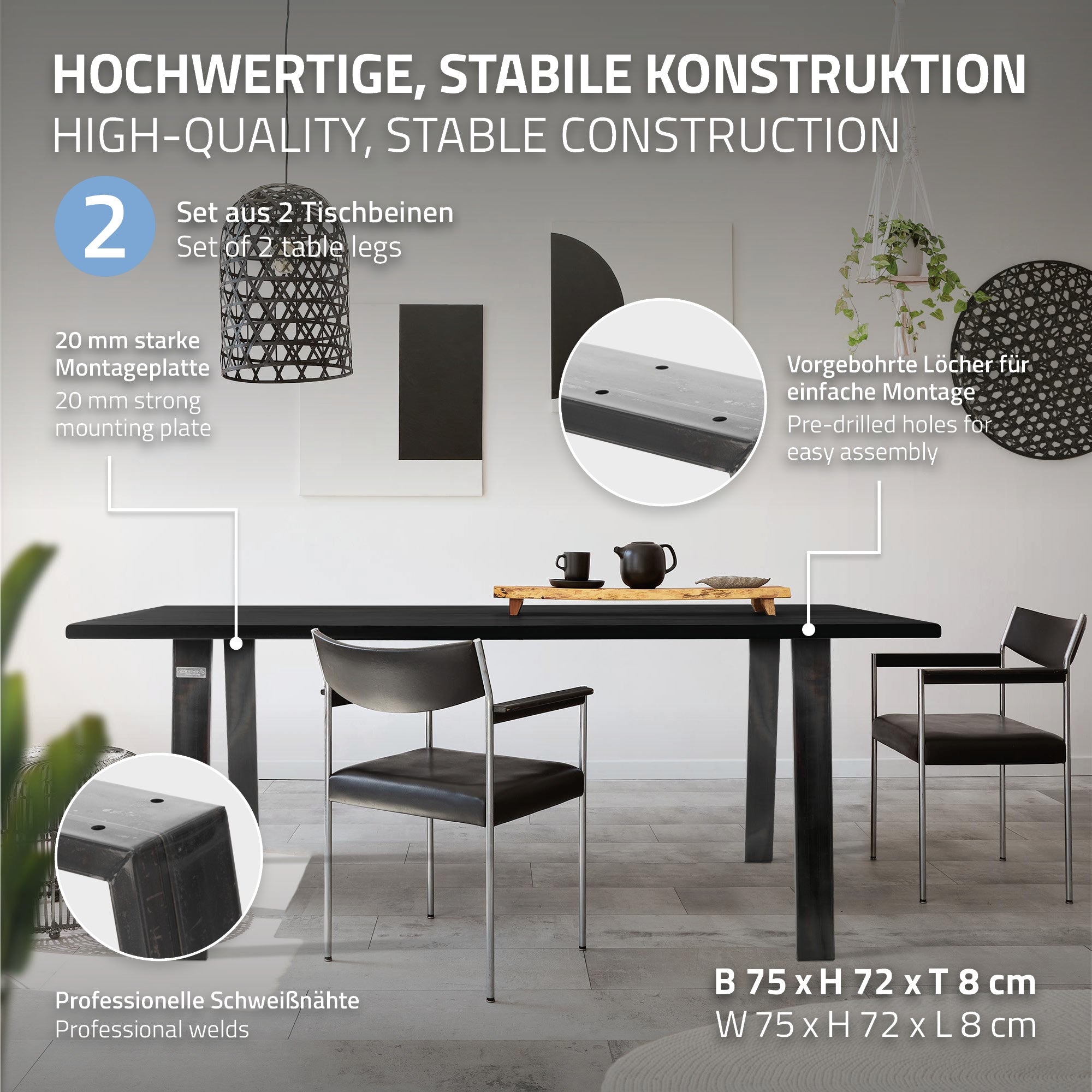 Tisch mit schwarzem Gestell und zwei Stühlen, Montageanleitung und Maße.