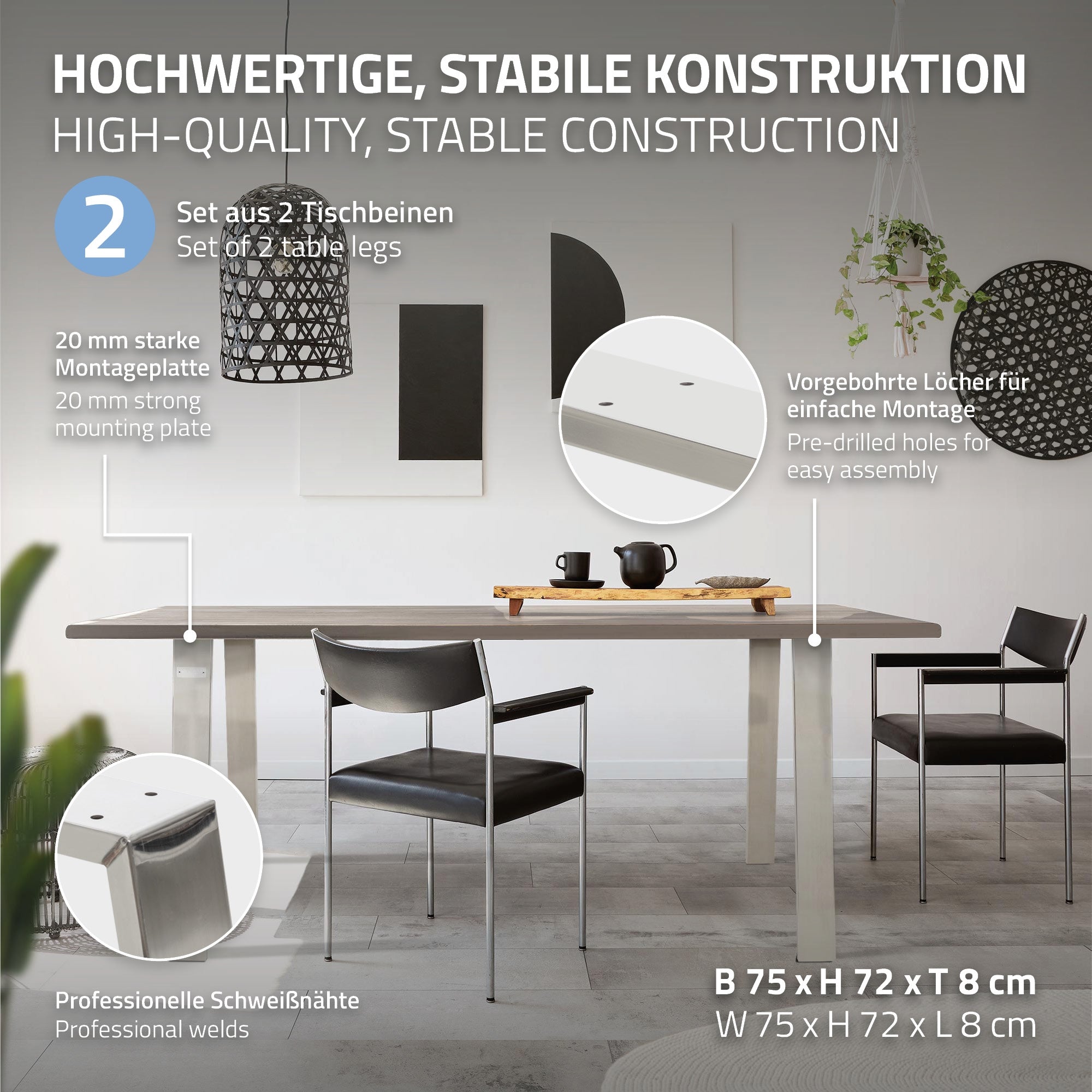 Tafel met twee stoelen, moderne constructie, voorgeboorde gaten voor montage.