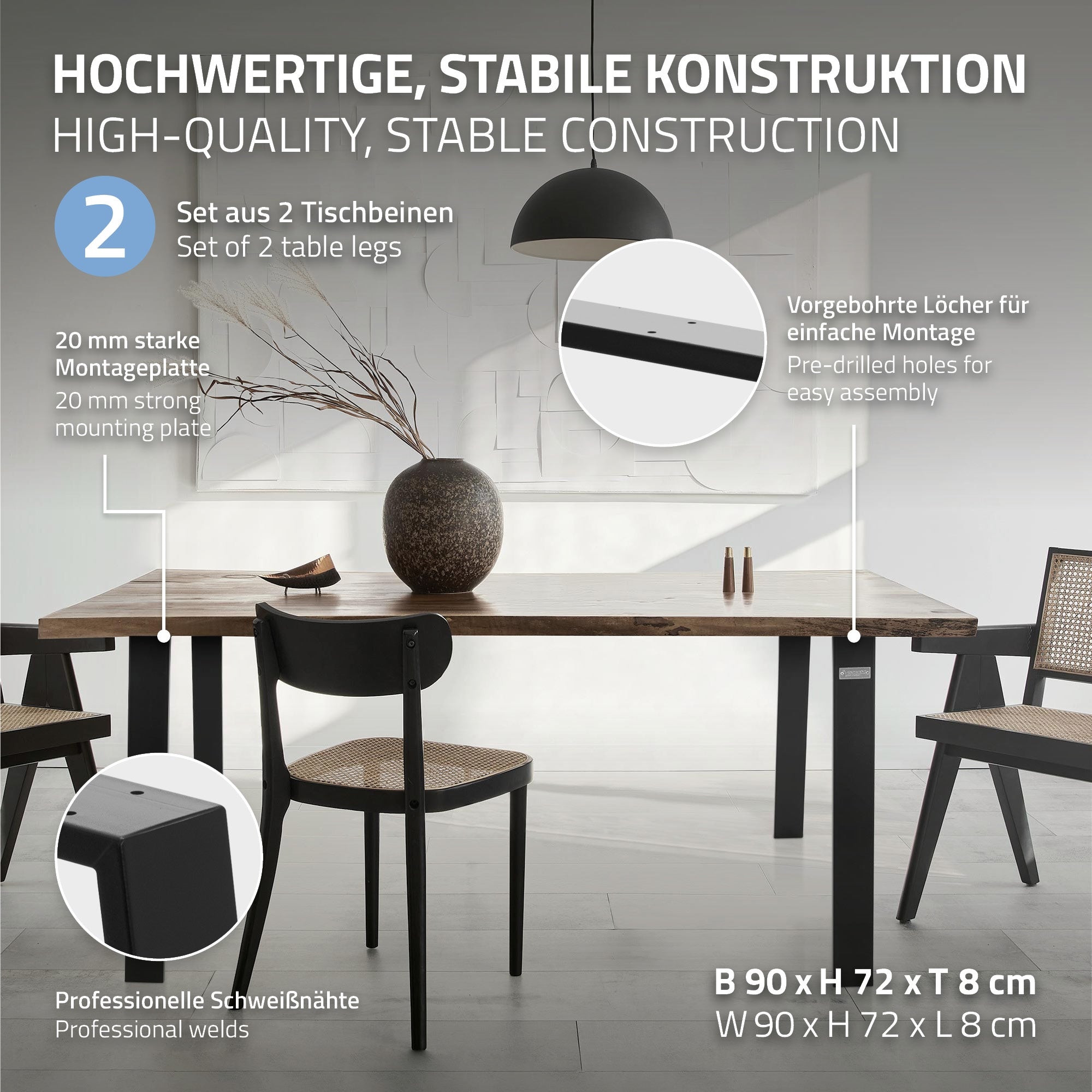 Tisch mit zwei Stühlen, Beschreibung der stabilen Konstruktion.