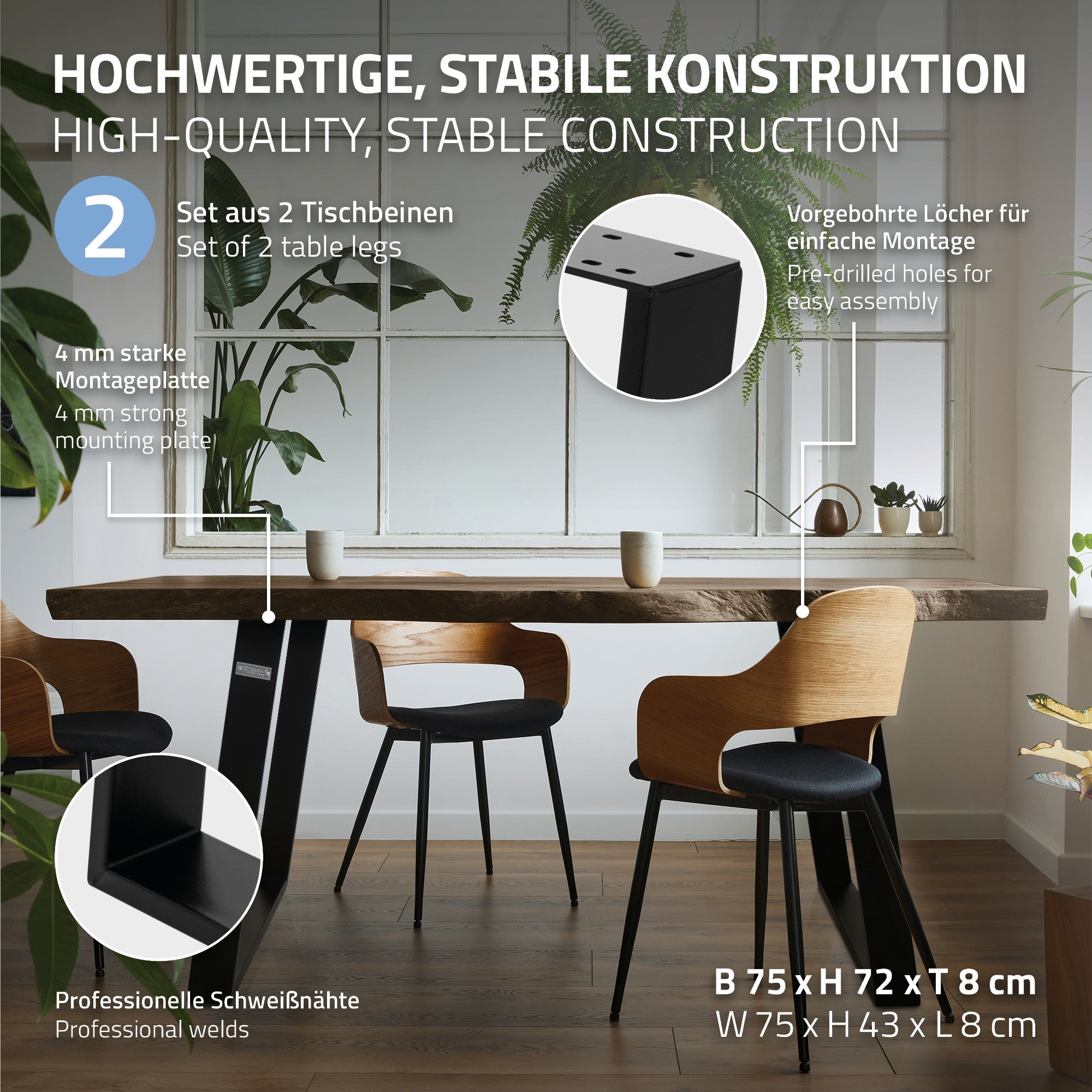 Et elegant bord med stabile stel og moderne stole i et rum.