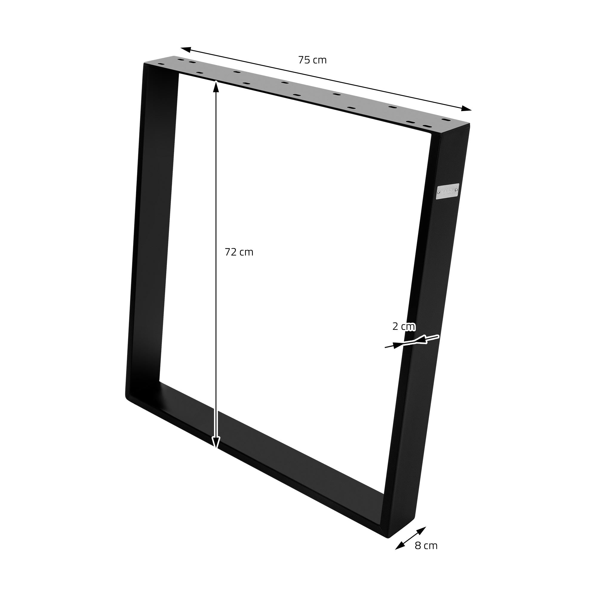 Sort ramme med mål: 75 cm x 72 cm x 2 cm.