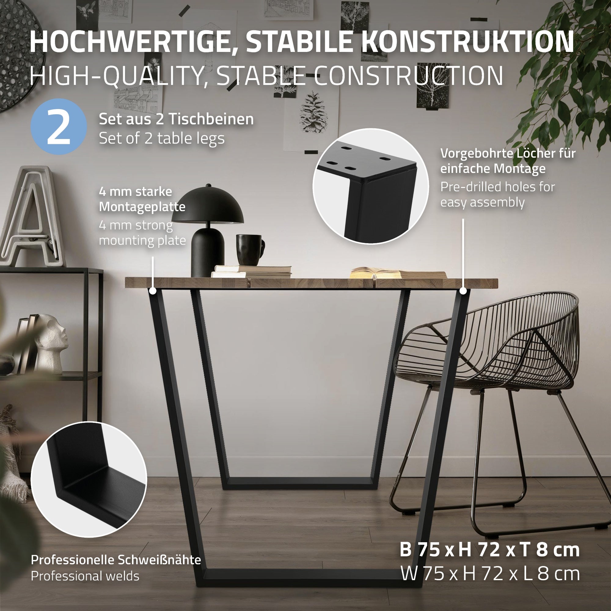 Een tafel met houten oppervlak en metalen onderstel, montage-instructies zijn zichtbaar.