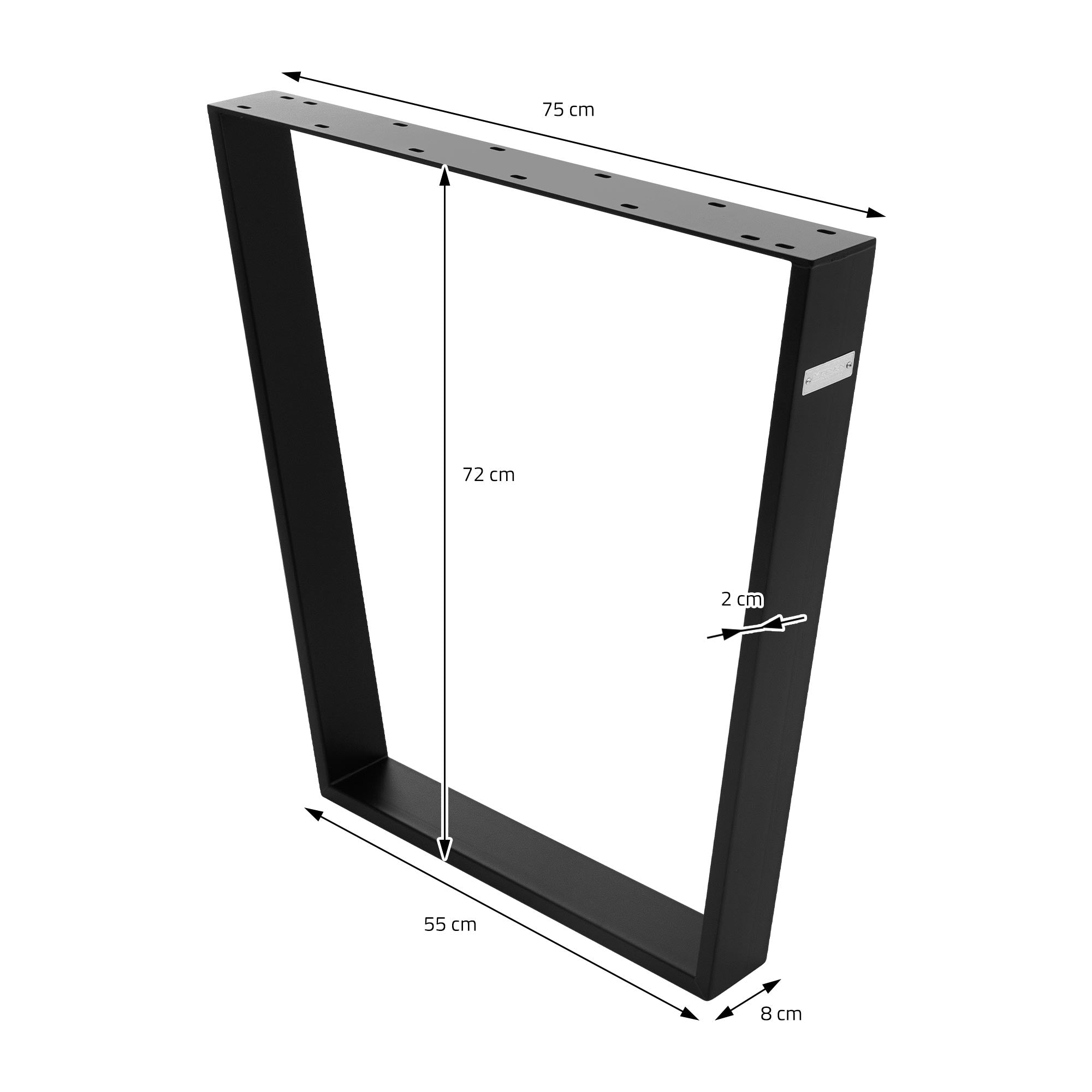 Schwarzer Metallrahmen mit Maßen: 75 cm Breite, 72 cm Höhe, 55 cm Tiefe.